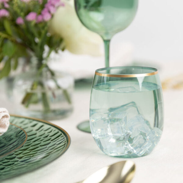 12 oz. Green Plastic Stemless Wine Goblets With Gold Rim - Set of 6 Shatterproof Cups for Outdoor Parties, Picnics, and Poolside Drinks