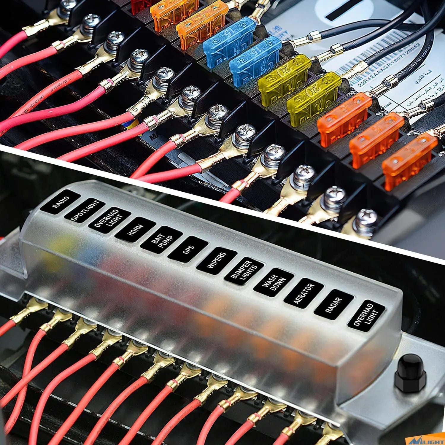 12 Way Fuse Block with Negative Bus - 12V Blade Fuse Holder for ATC/ATO Standard Fuses - Waterproof Fuse Box with Label Stickers & Cover - Perfect for Automotive, Marine & RV Electrical Systems