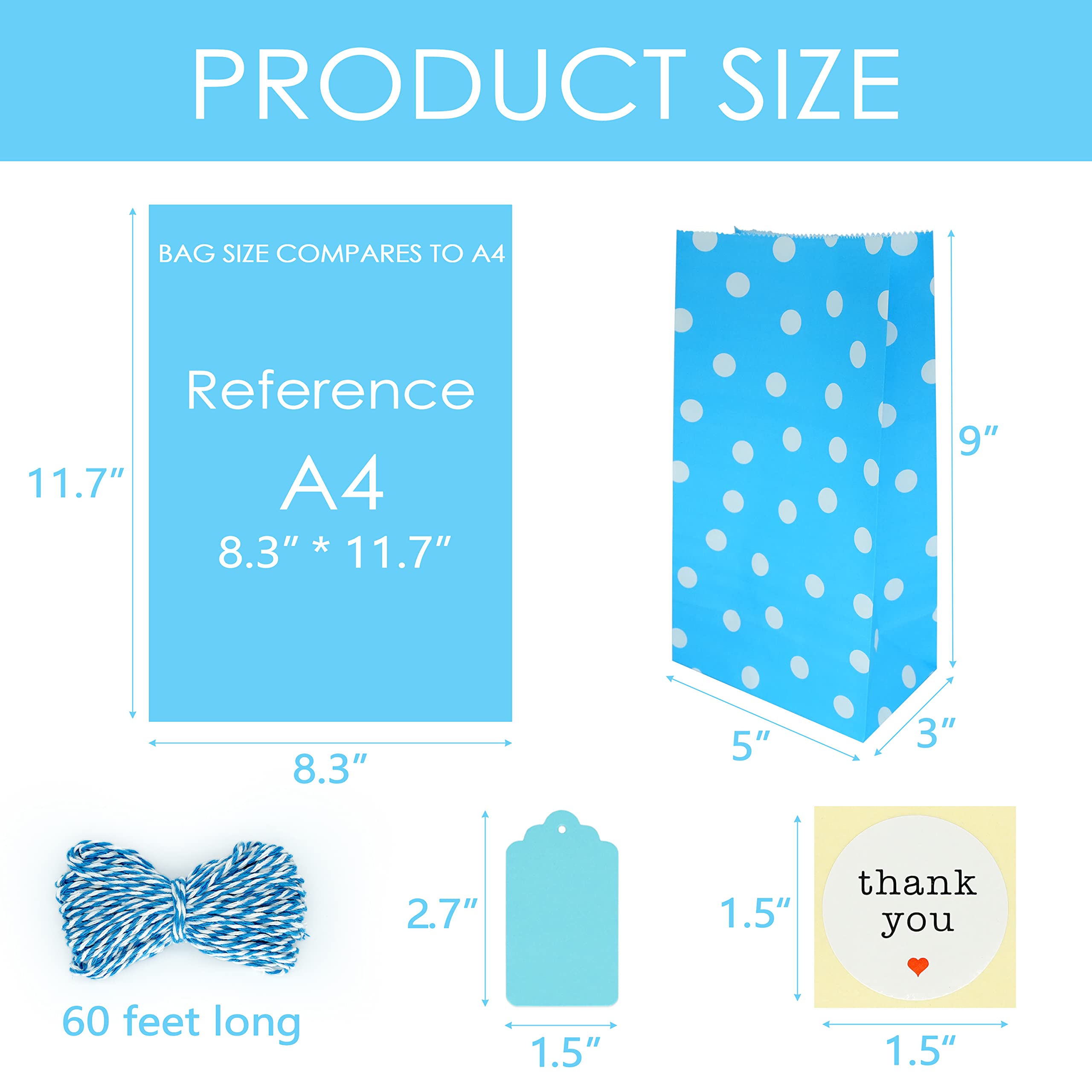 SMINTINE 30-Pack Blue Goodie Bags with Thank You Stickers - 5x3x9 Inch Blue Paper Gift Bags with Cotton Bakers Twine - Perfect for Kids Birthday Party Favors, Baby Shower Gifts, Wedding Favors & Holiday Treat Bags