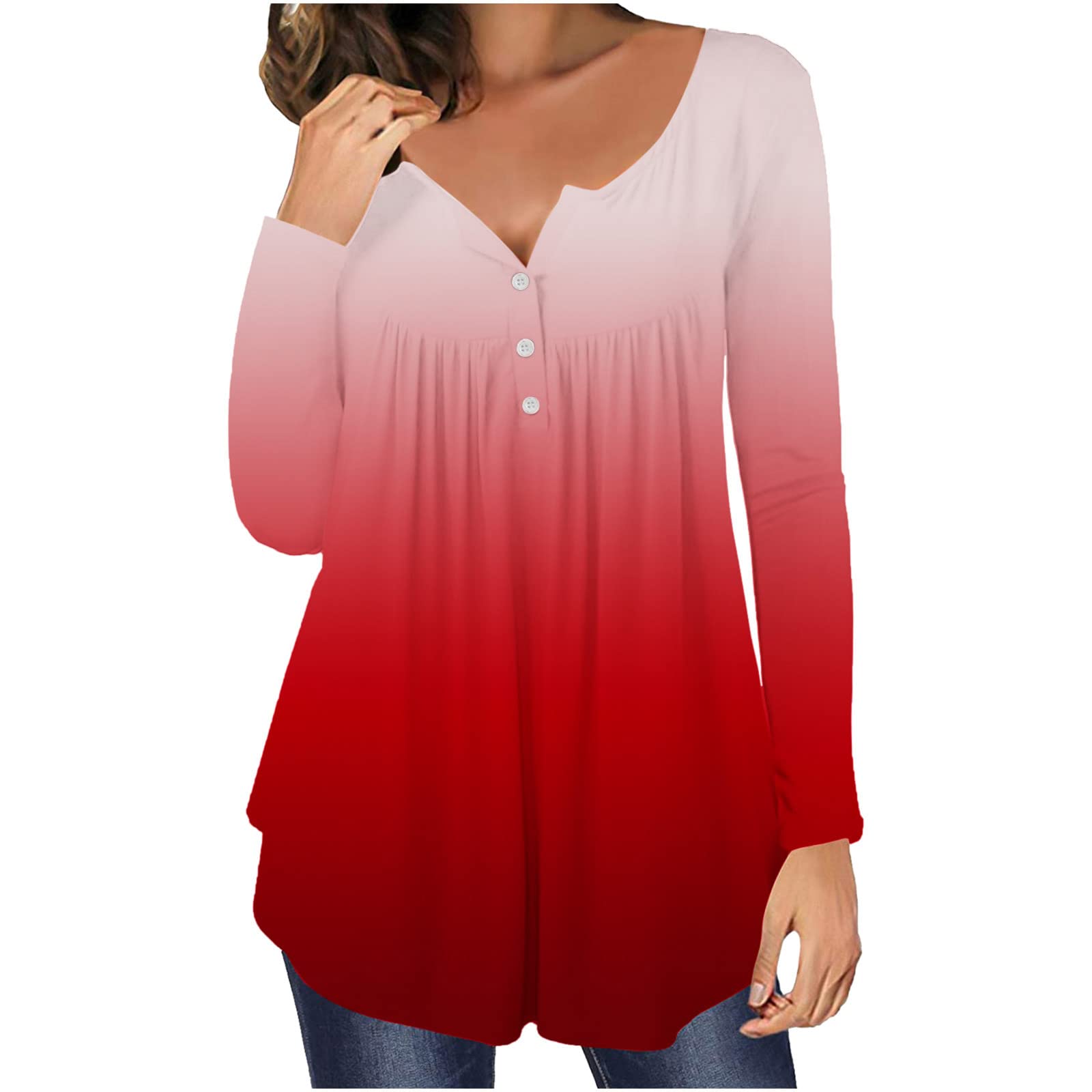 Women's Tie Dye Long Sleeve Swing Tunic Top - Flowy Henley Blouse for Leggings | Hide Belly Casual & Dressy Look | Perfect for Yoga, Work, Date Night & Everyday Wear