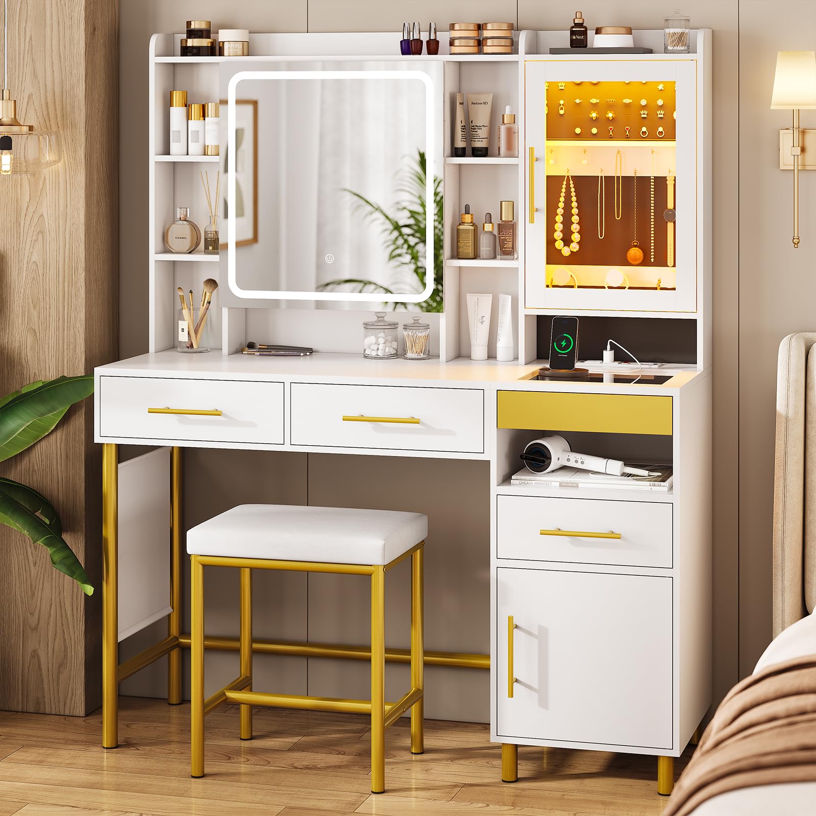 AOGLLATI White Makeup Vanity Desk with LED Lights, Mirror & Jewelry Storage - Vanity Table with Charging Station, Hidden & Open Shelves for Bedroom, Dressing Room & Beauty Salon