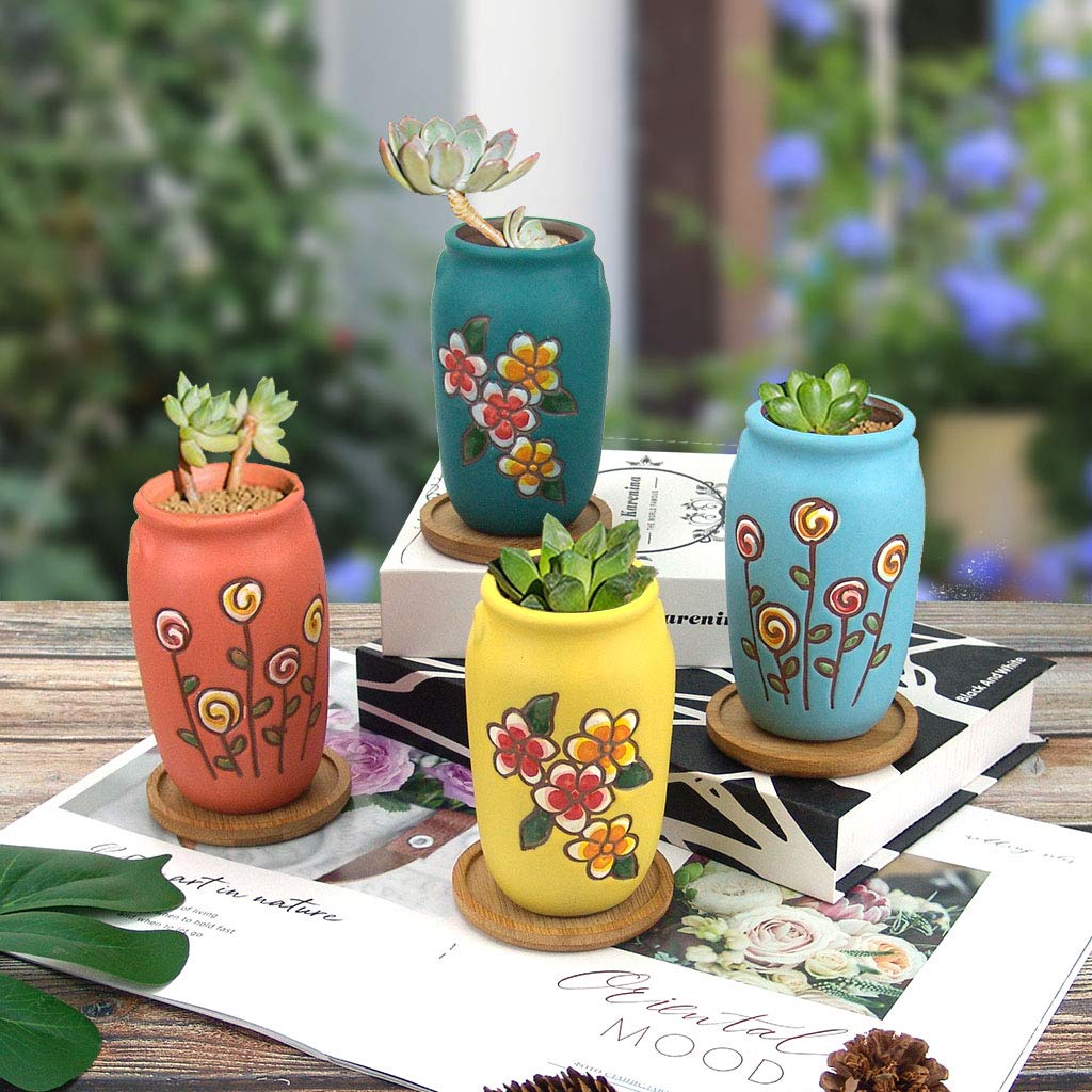 2.5 Inch Hand Painted Ceramic Succulent Planter Pots with Drainage Hole & Saucer - Set of 4 Round Cactus Planters in Green, Yellow, Orange & Blue - Perfect for Home Decor, Office Desk & Indoor Gardening Gifts