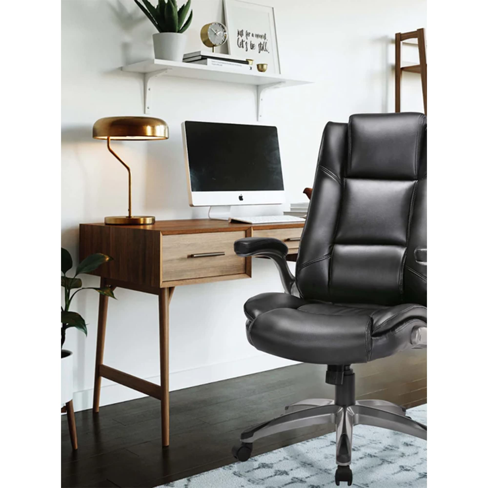 COLAMY High Back Leather Office Chair with Flip-Up Arms - Adjustable Swivel Executive Desk Chair with Thick Padding for Comfort & Ergonomic Support - Perfect for Home Office & Workspace (Black)
