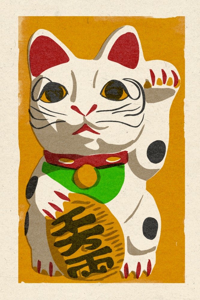 Maneki Neko Lucky Cat Woodblock Print - 12x18 Japanese Wall Art Poster for Home & Office Decor | Perfect for Living Room, Bedroom, or Gift