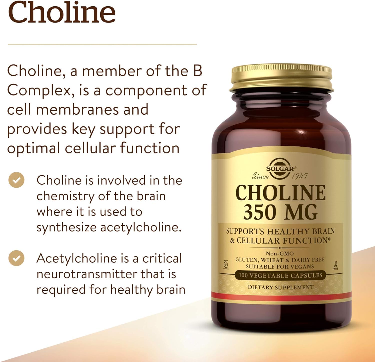 Solgar Choline 350 mg, 100 Vegetable Capsules - Brain & Cellular Support Supplement - Vegan, Gluten Free, Dairy Free, Kosher - 100 Servings - Enhance Memory & Focus for Work & Study