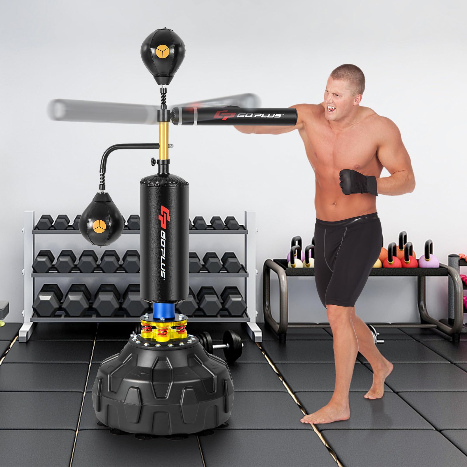 Goplus Freestanding Boxing Speed Trainer - 360° Spinning Punching Bag with 2 Reflex Speed Balls, Shock Absorbers & Fillable Base | Height Adjustable Boxing Equipment for Teens & Adults | Perfect for Home Gym, Boxing Training & Fitness Workouts