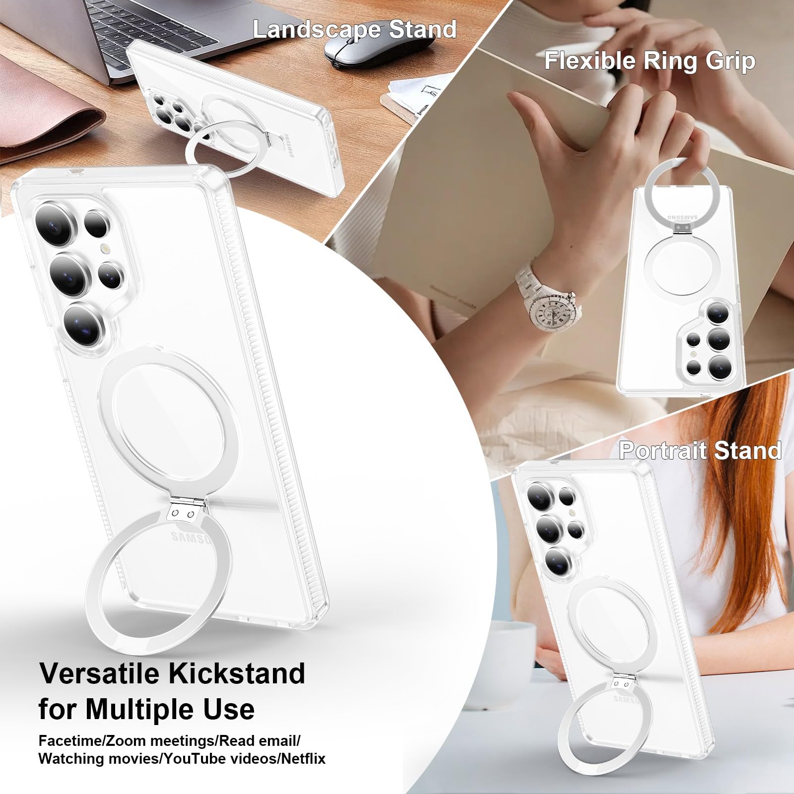 STERKER Magnetic Ring Stand Case for Samsung Galaxy S25 Ultra - Military Grade Drop Protection, Anti-Yellowing Clear Slim Case with Kickstand & Magnetic Mount - Perfect for Work, Travel, and Everyday Use
