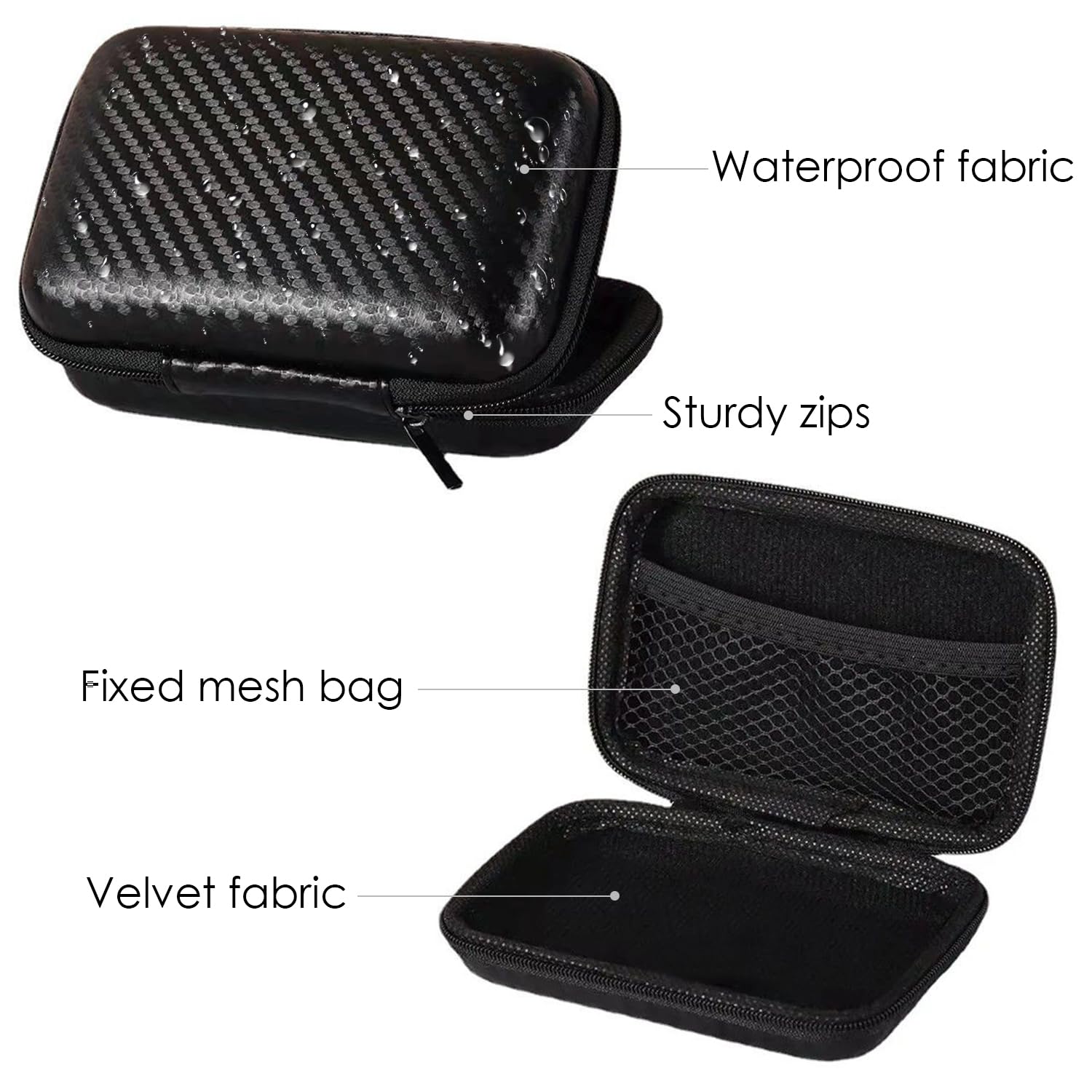 2-Piece Portable Cable Organizer with Carabiner - Durable EVA Storage Case for Earphones, Charging Cables & Small Accessories - Perfect for Travel, Office & Home Organization (Black)
