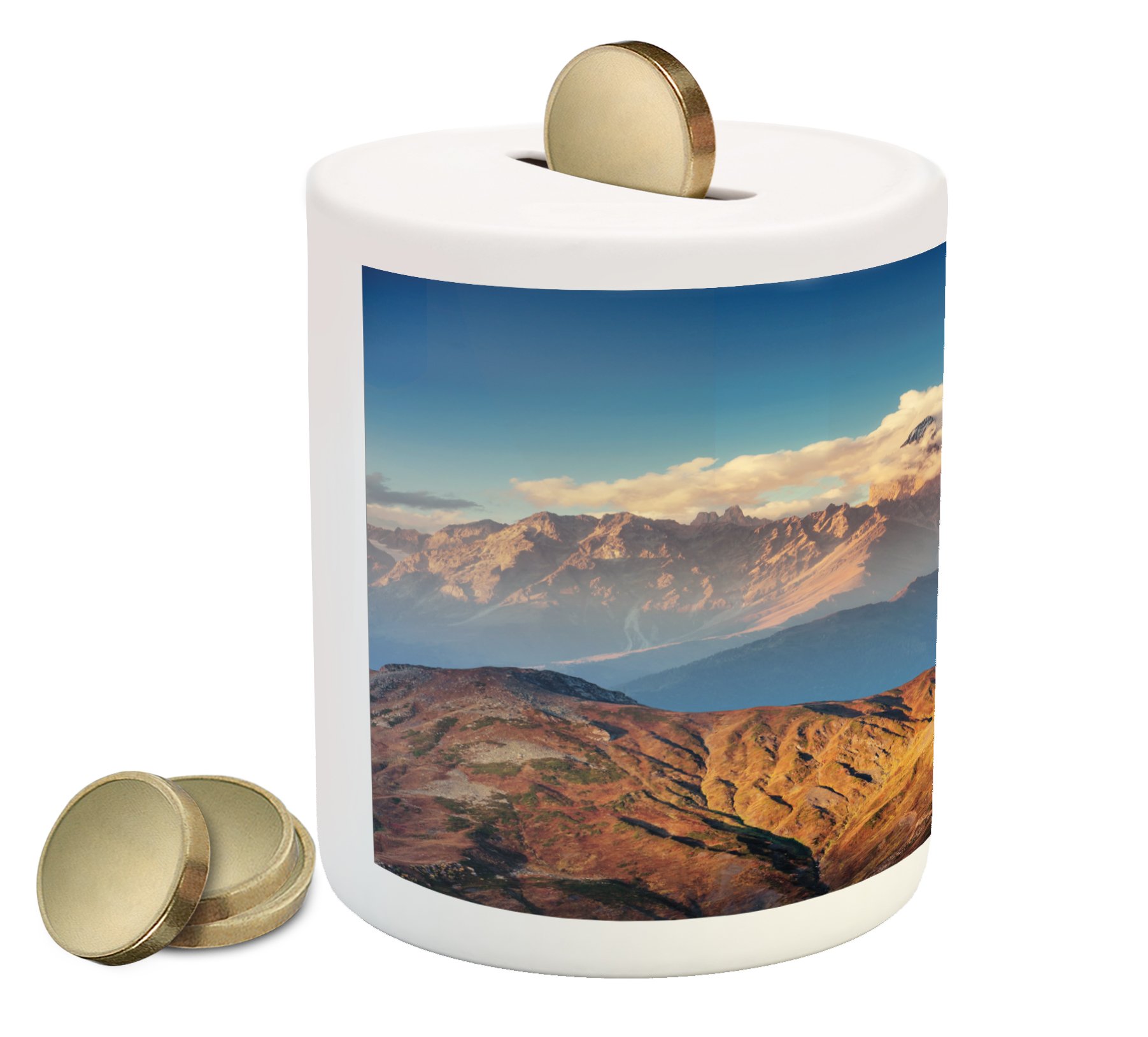 Ambesonne Ceramic Piggy Bank - Svaneti Georgia Foggy Mountain Pass Landscape Design, Europe Highlands Photography Printed Money Box for Cash Savings (Brown, Blue, White) | Perfect Gift for Collectors & Home Decor