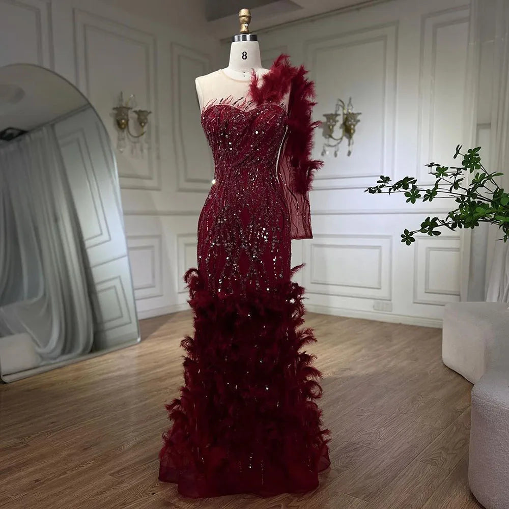 Elegant Arabic Wine Red Mermaid Evening Gown with Feathers & Beading - Luxury Women's Formal Dress for Weddings, Parties & Special Occasions - Perfect for 2025 Events & Red Carpet Glamour