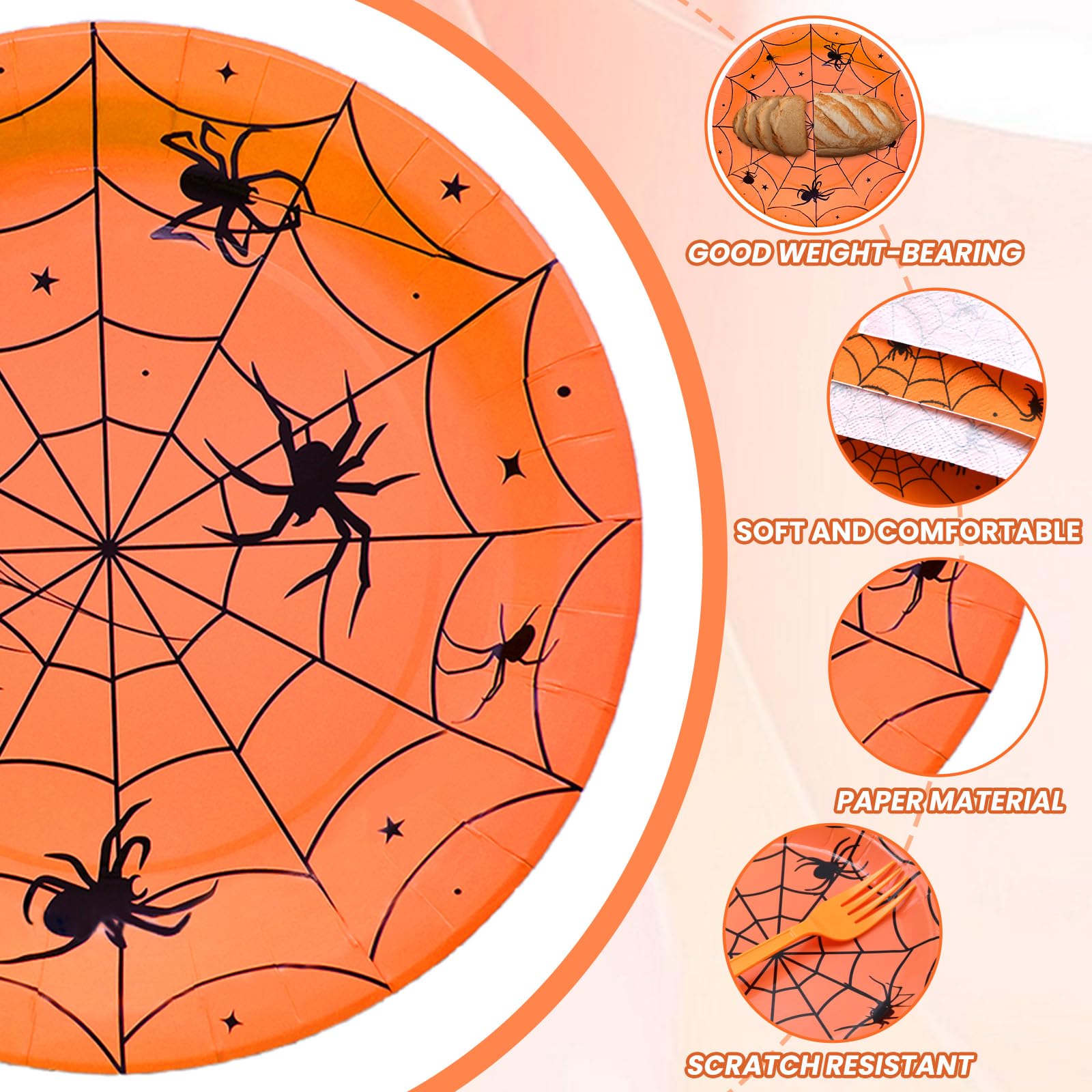 96-Piece Halloween Spider Web Disposable Tableware Set - Orange Paper Plates, Napkins & Forks for Spooky Parties, Birthday Decor - Serves 24 | Perfect for Halloween Dinners, Themed Events & Scary Decorations