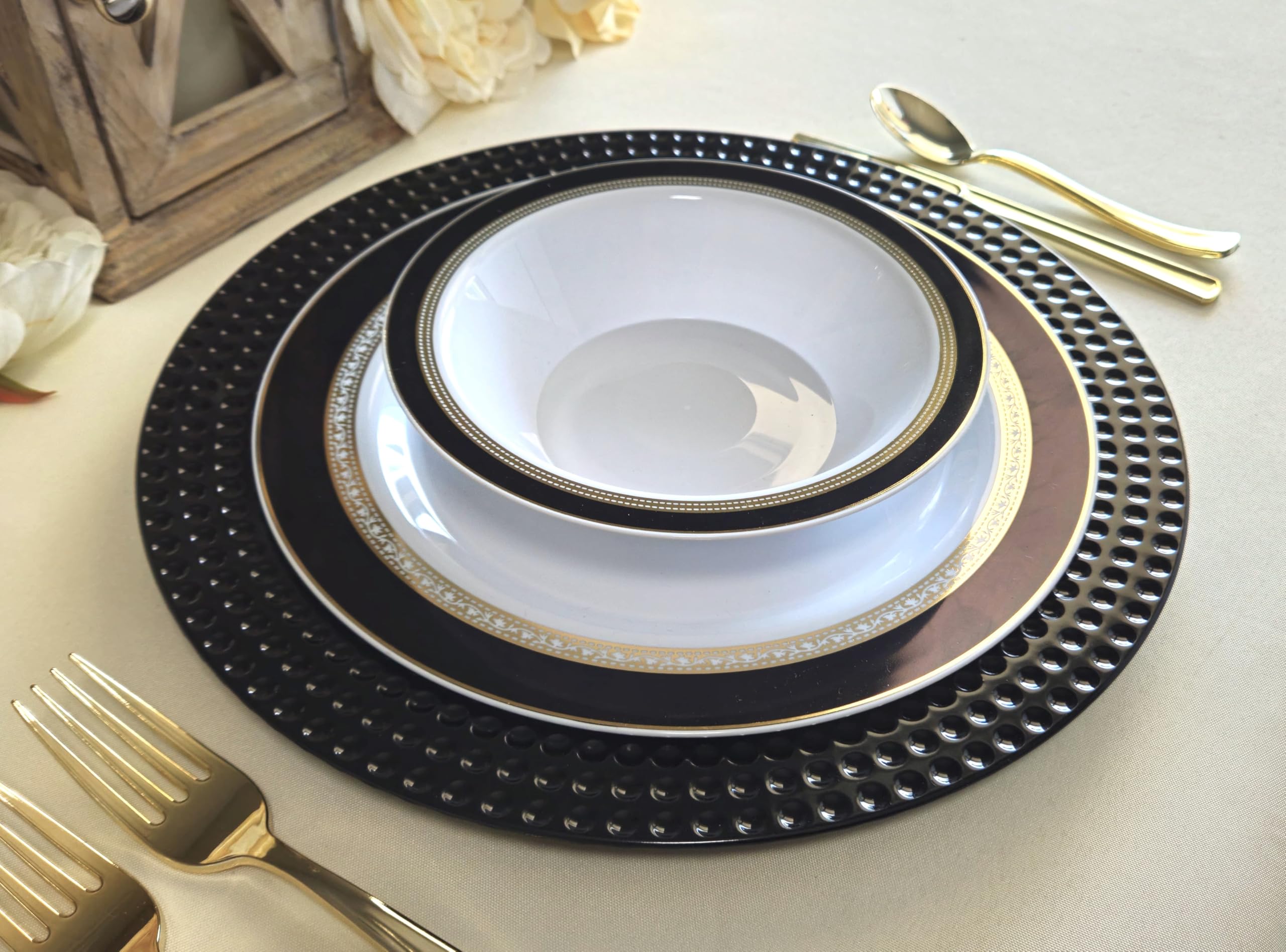 40-Piece 13-Inch Round Acrylic Charger Plates for Weddings & Dinner Parties - Hammered Black Finish - Elegant Table Decor for Formal Events, Banquets, and Holiday Gatherings
