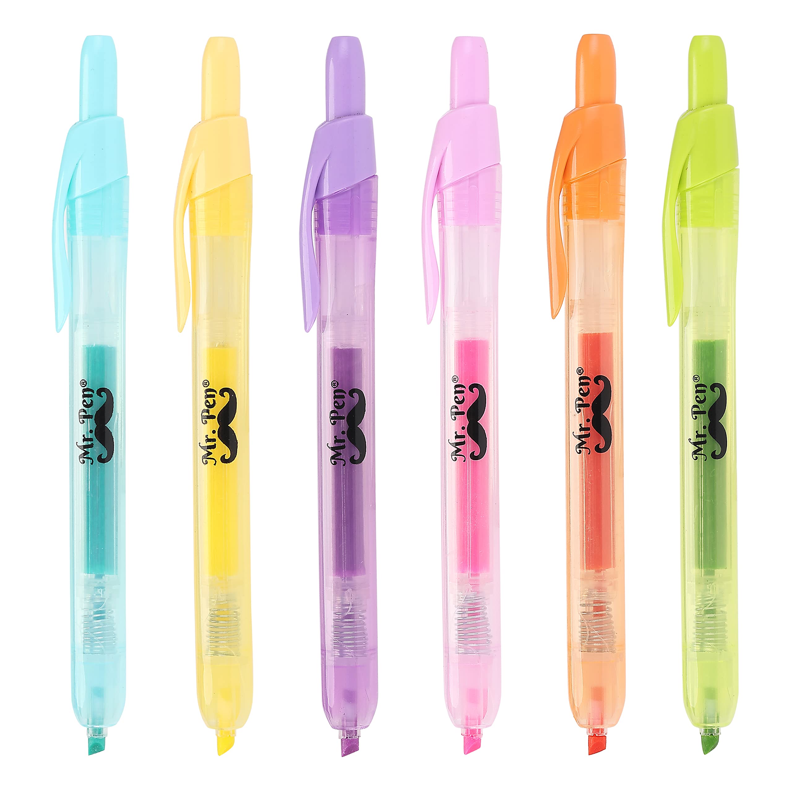 Mr. Pen Retractable Highlighters, 6 Pack Pastel Colors - Chisel Tip No Smear Click Highlighter for Bible Journaling, Note Taking & Office Use - Mild Markers & Pens for Students, Teachers & Professionals