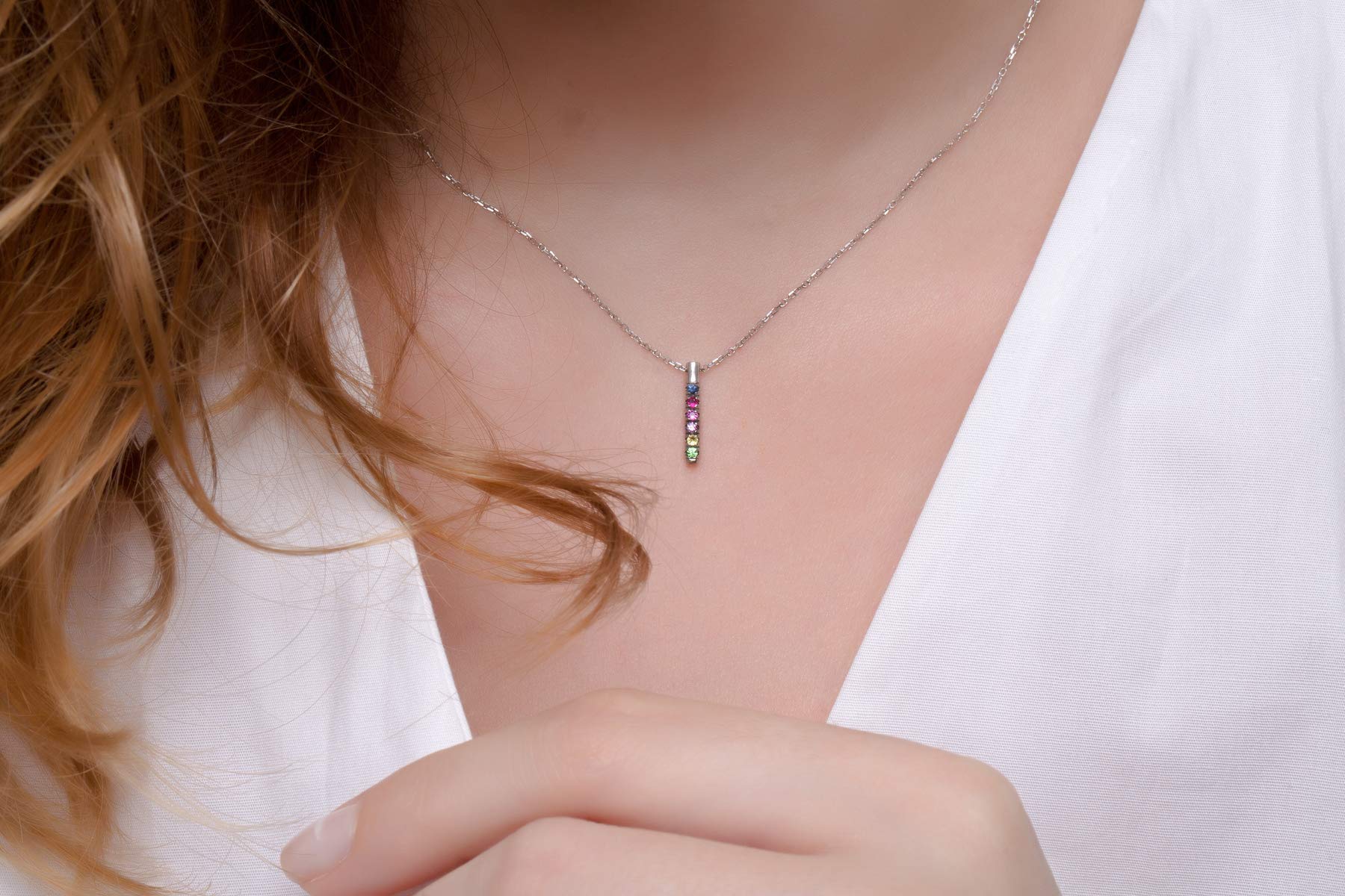 Multi-Color Sapphire Round Bar Necklace in 9K, 14K & 18K Solid Gold - Tiny Rainbow Pendant for Women, Gift for Her | Perfect for Everyday Wear, Date Nights & Special Occasions