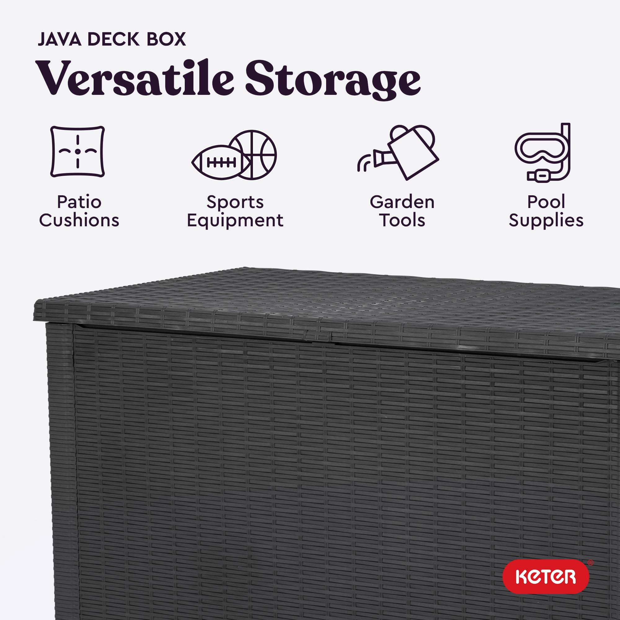 Keter Java XXL 230 Gallon Resin Outdoor Storage Box - Large Deck Box for Patio Furniture Cushions, Garden Tools, Pool Toys & Backyard Organization - Weatherproof Dark Grey Storage Container for Outdoor Use