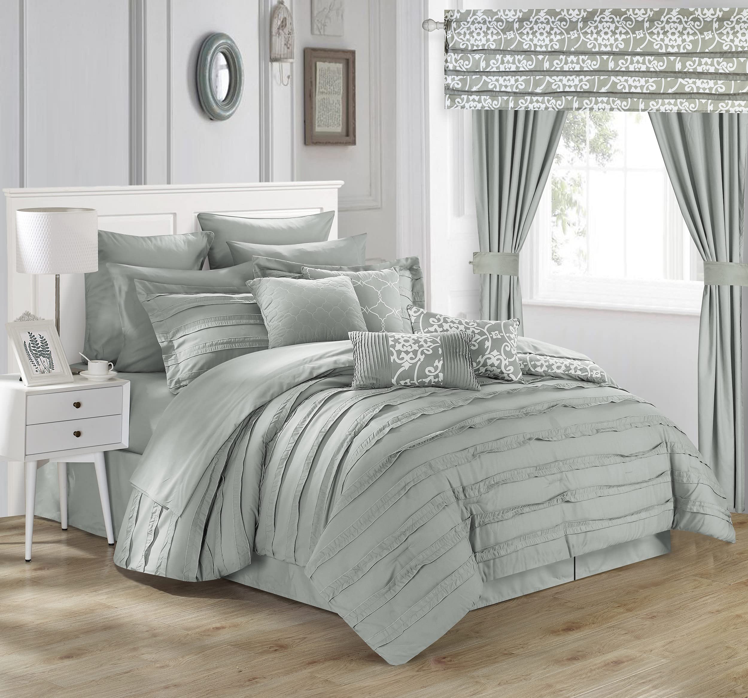 Hailee 24-Piece Luxury Comforter Set with Pleated Ruffles & Reversible Print - Includes Sheet Set & Window Curtains - King Size Silver Bedding Collection - Perfect for Master Bedrooms, Guest Rooms & Airbnb Styling