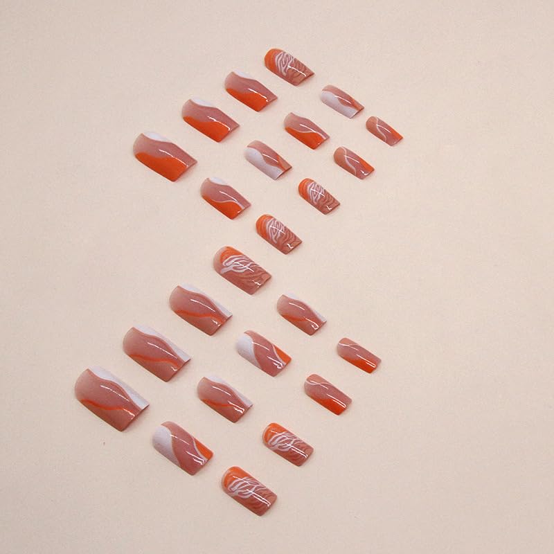 Angwis 24pcs Short Square False Nails - Leopard Print Orange & Pink Press On Nails, Full Cover Fake Nails for Women, DIY Nail Art Accessories | Perfect for Parties, Weddings, and Daily Wear
