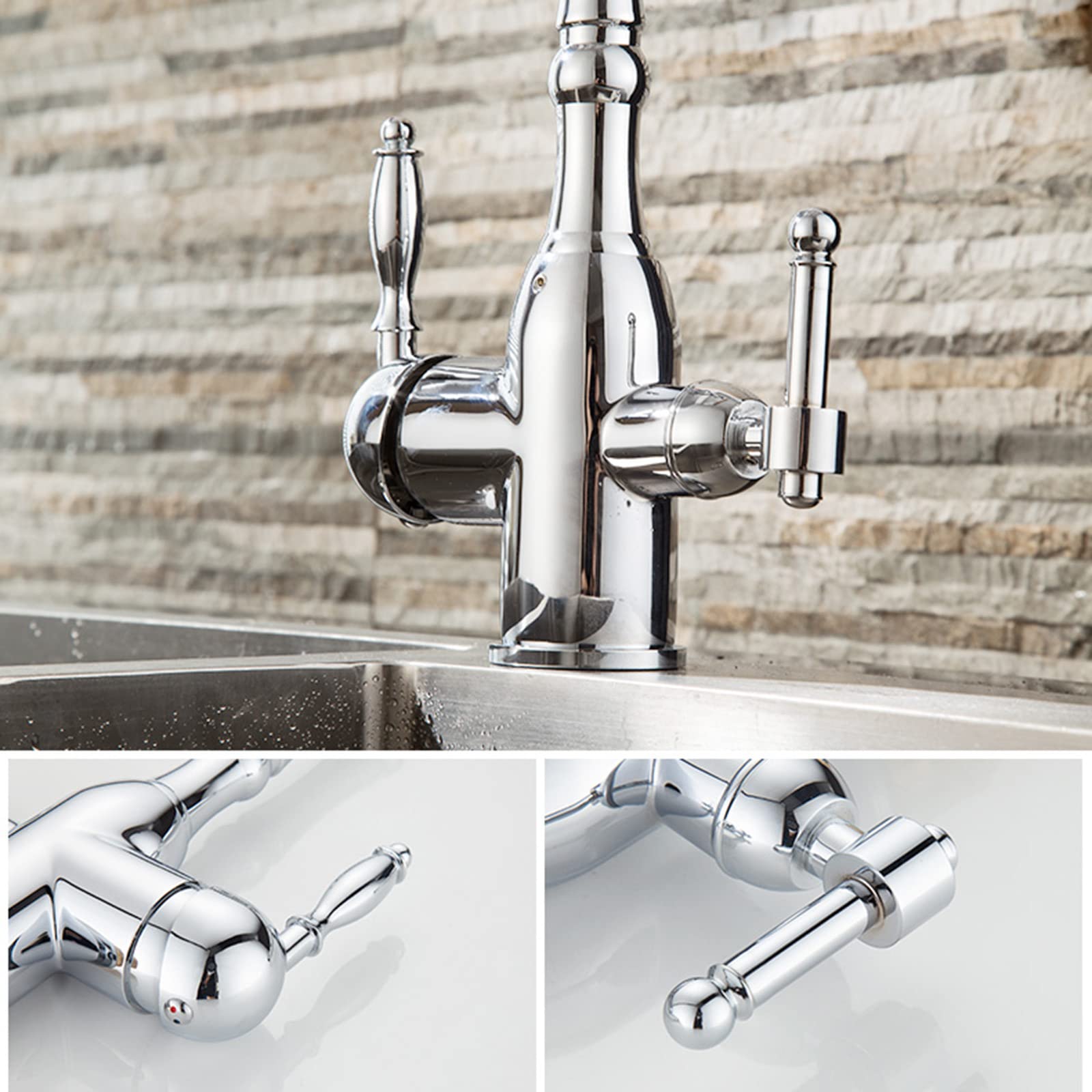 3-Way Brass Kitchen Faucet with Hot & Cold Water - Chrome Finish Swivel Sink Faucet for Modern Home, Restaurant & Commercial Use
