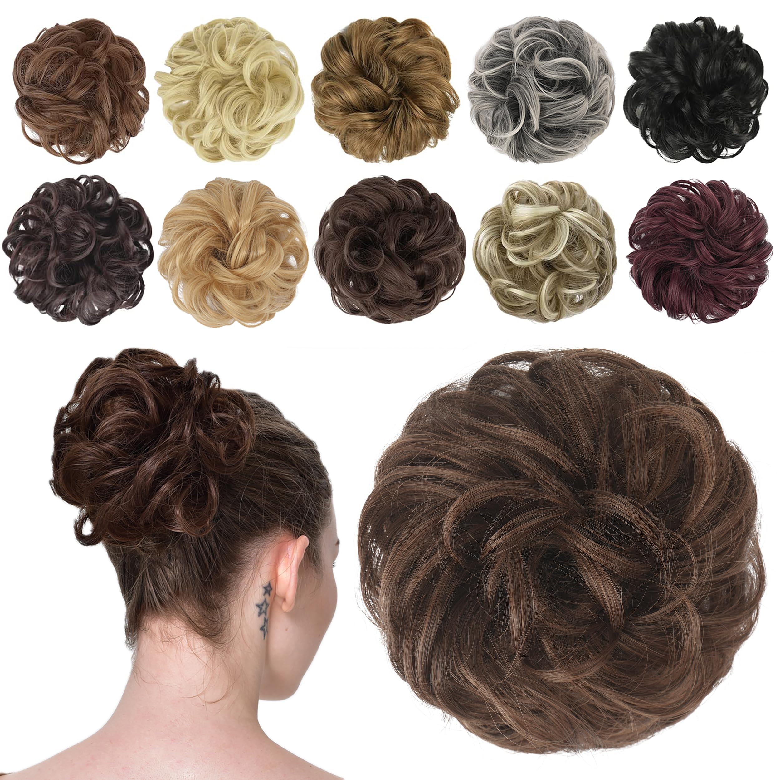 FESHFEN Hair Scrunchies Set - 30 Pcs Medium Brown & Light Auburn Mixed, Wavy Curly Messy Donut Bun Ponytail Extensions for Women | Perfect for Updos, Chignons, Casual & Formal Hairstyles