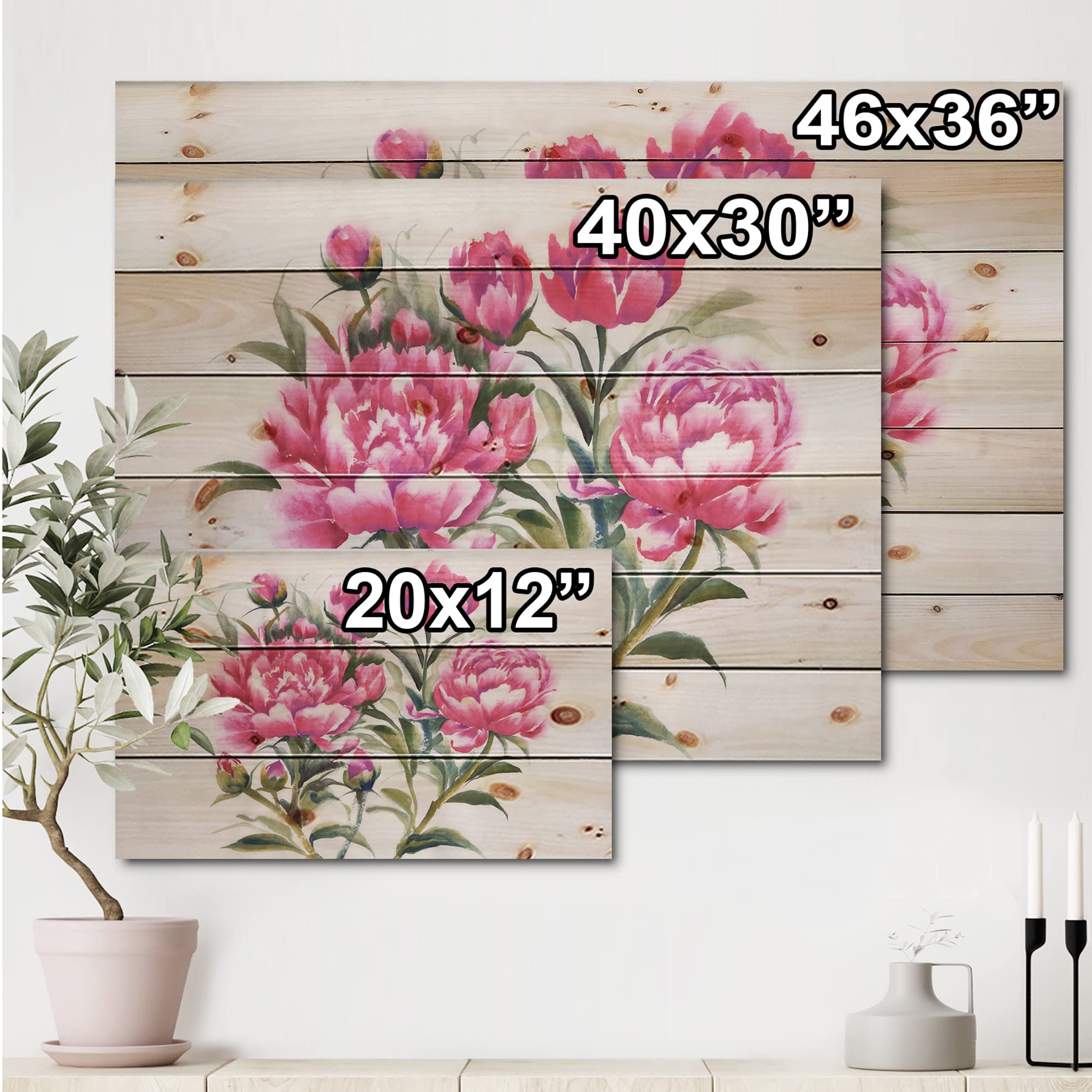 DesignQ Purple Peonies Bush Traditional Wood Wall Decor - Pink Floral Wood Wall Art - Large Pine Wood Wall Panels with Hand-Painted Peony Design - Perfect for Living Room, Bedroom & Home Office Decor