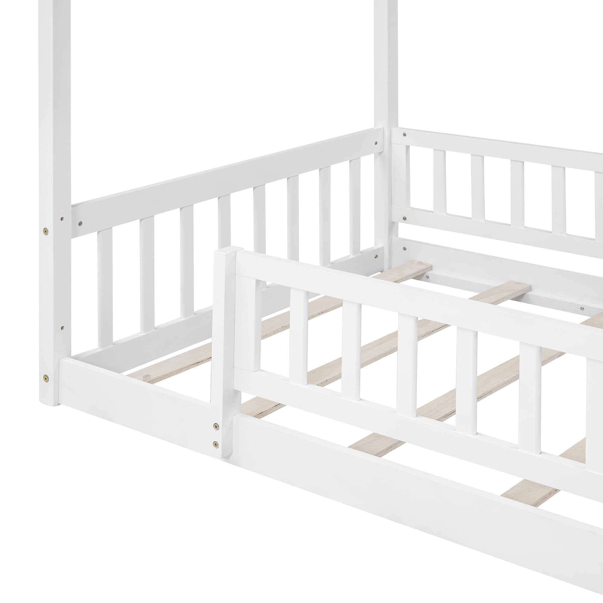 Montessori Twin Size Floor Bed for Kids with Safety Fence - Solid Wood Bed Frame for Boys & Girls - No Box Spring Needed - White - Perfect for Toddler Rooms & Daycare Centers