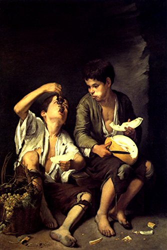 Murillo Spanish Painting Reproduction - 'Two Boys Eating Melon and Grapes' 1650, 20x30 Inch Rolled Canvas Art Print | Classic Home Decor, Office Wall Art, Gift for Art Lovers