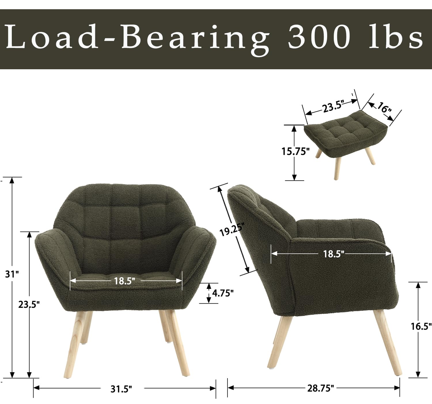 Sherpa Accent Reading Chair with Ottoman - Modern Fuzzy Upholstered Armchair with Wood Legs - Comfortable Lounge Chair for Small Spaces - Perfect for Living Room, Bedroom & Book Nook - Green - Cozy Reading Spot & Relaxation Corner