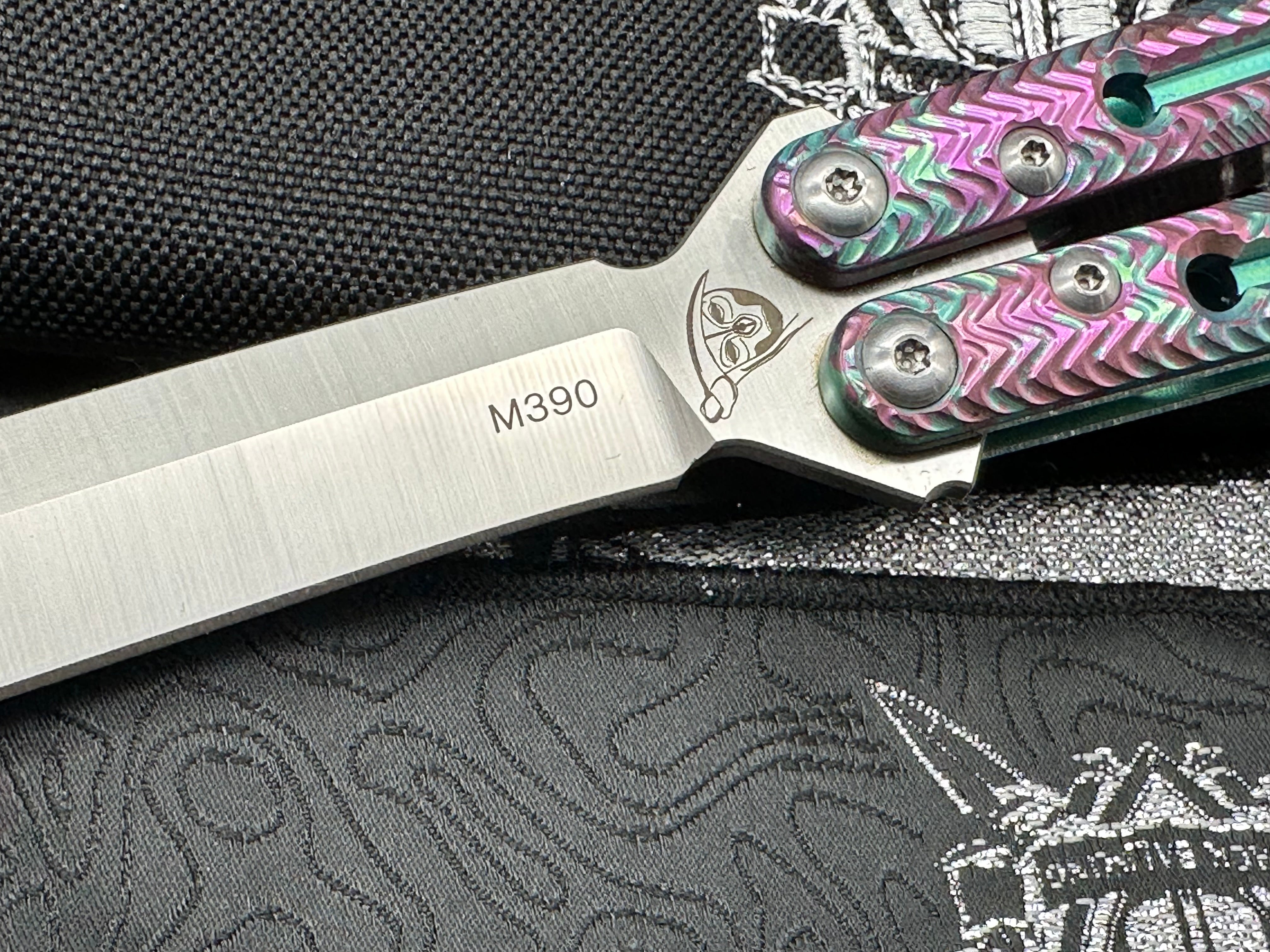 Black Balisong Reaper V2 Butterfly Knife - Spot Anodized Milled Titanium Channel Handles, Tanto Blade, Satin M390 Steel | EDC, Tactical Use & Collector's Item