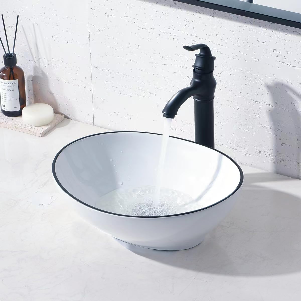 16x13 Inch White Porcelain Ceramic Oval Bathroom Vessel Sink with Faucet & Drain Combo - Above Counter Modern Vanity Basin Washing Bowl Set (White with Black Edge) for Bathroom, Powder Room & Guest Washroom Decor