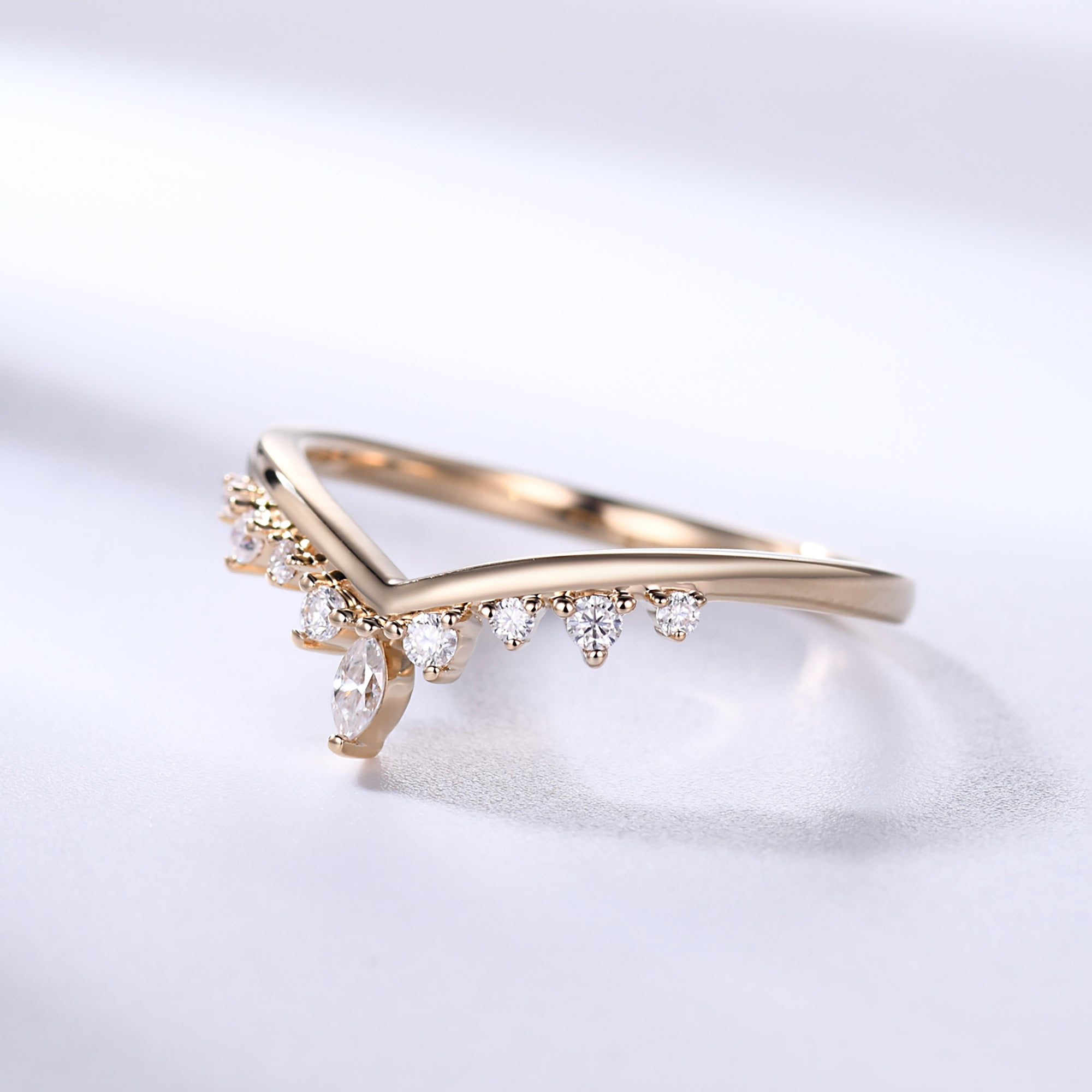 14k Yellow Gold V-Curve Moissanite Wedding Ring Set for Women - Elegant Chevron Matching Band, Perfect for Bridal Jewelry & Anniversary Gifts