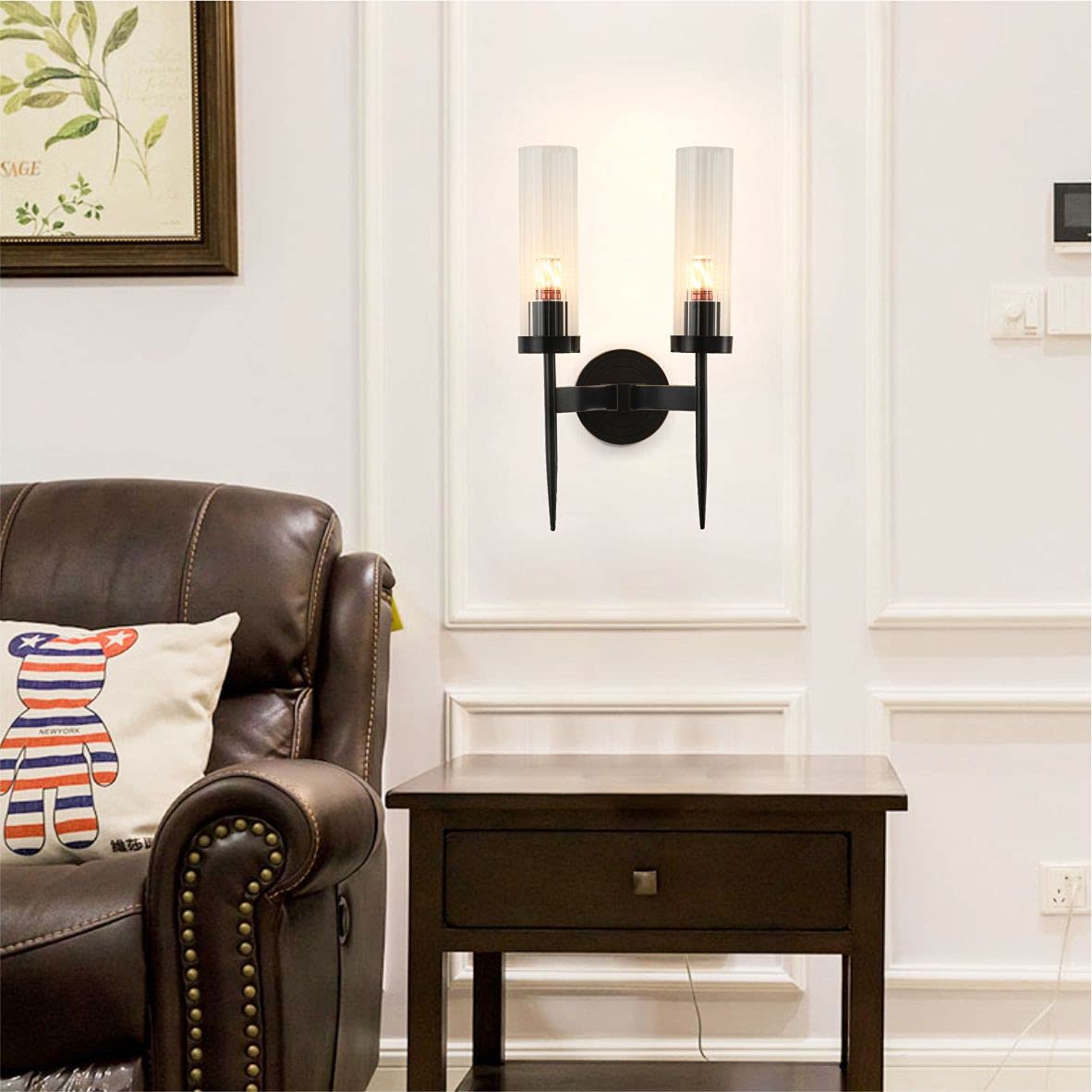 BOKT Modern 2-Light Matte Black Metal Vanity Light Fixture with Clear Crystal Glass - Wireless Wall Sconce for Bedroom, Bathroom & Living Room - Mid Century Style Wall Mounted Lighting for Home Decor