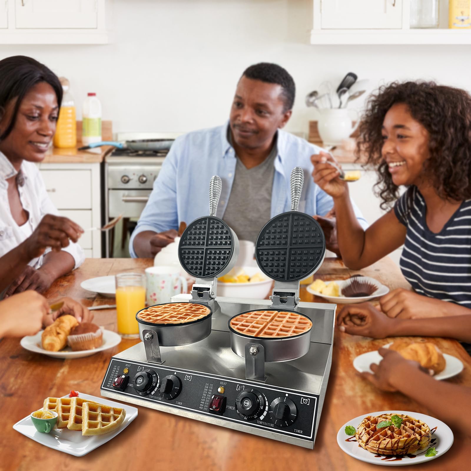 Commercial Waffle Maker Machine 2400W - 110V Stainless Steel Double Grid Non-Stick Waffle Iron for Home, Cafe, Restaurant - Perfect for Breakfast, Brunch, and Dessert Making