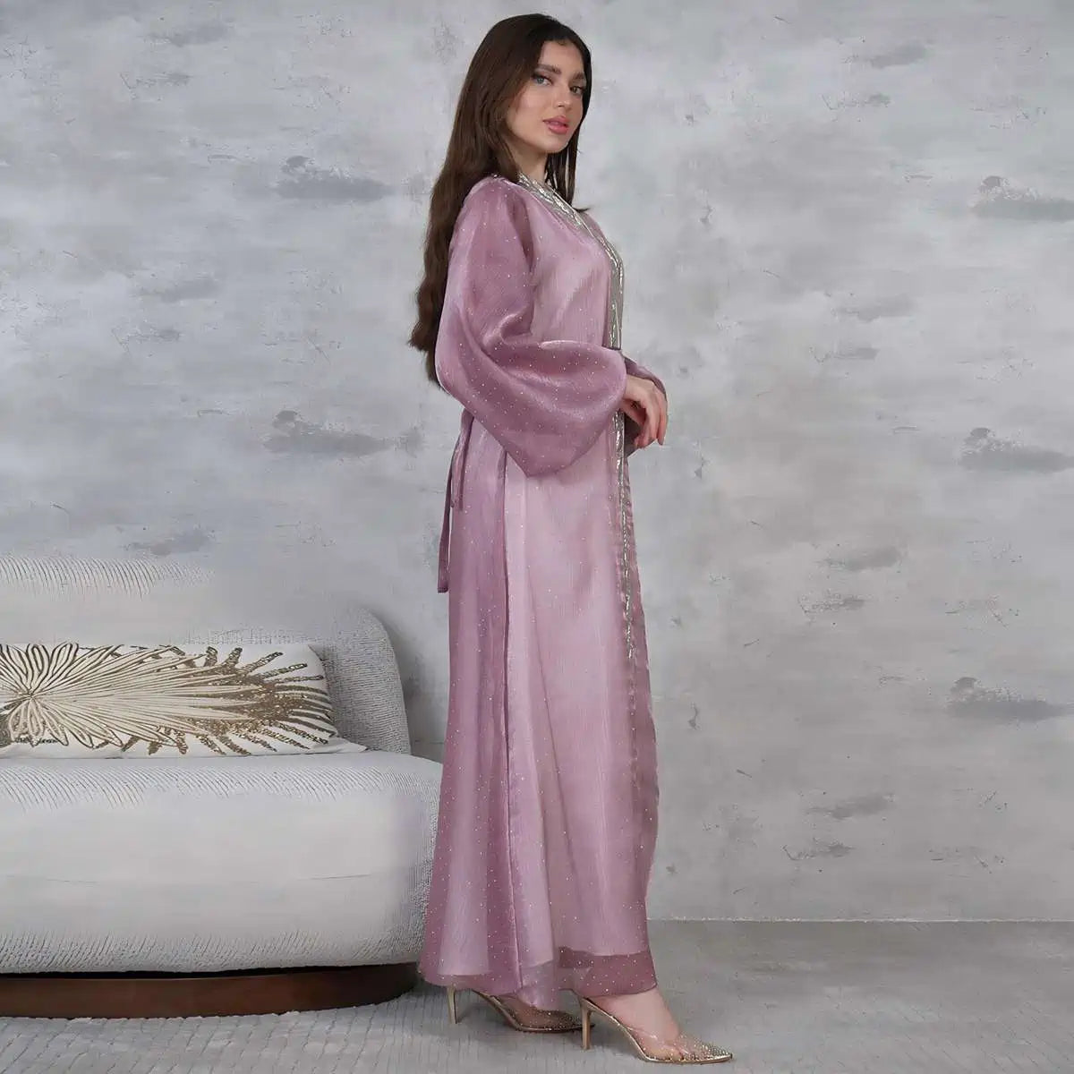 2-Piece Hotfix Rhinestone Caftan Dress Set with Inner Sleeveless Dress #25453 - Elegant Beach Cover Up, Evening Gown & Summer Party Wear for Women