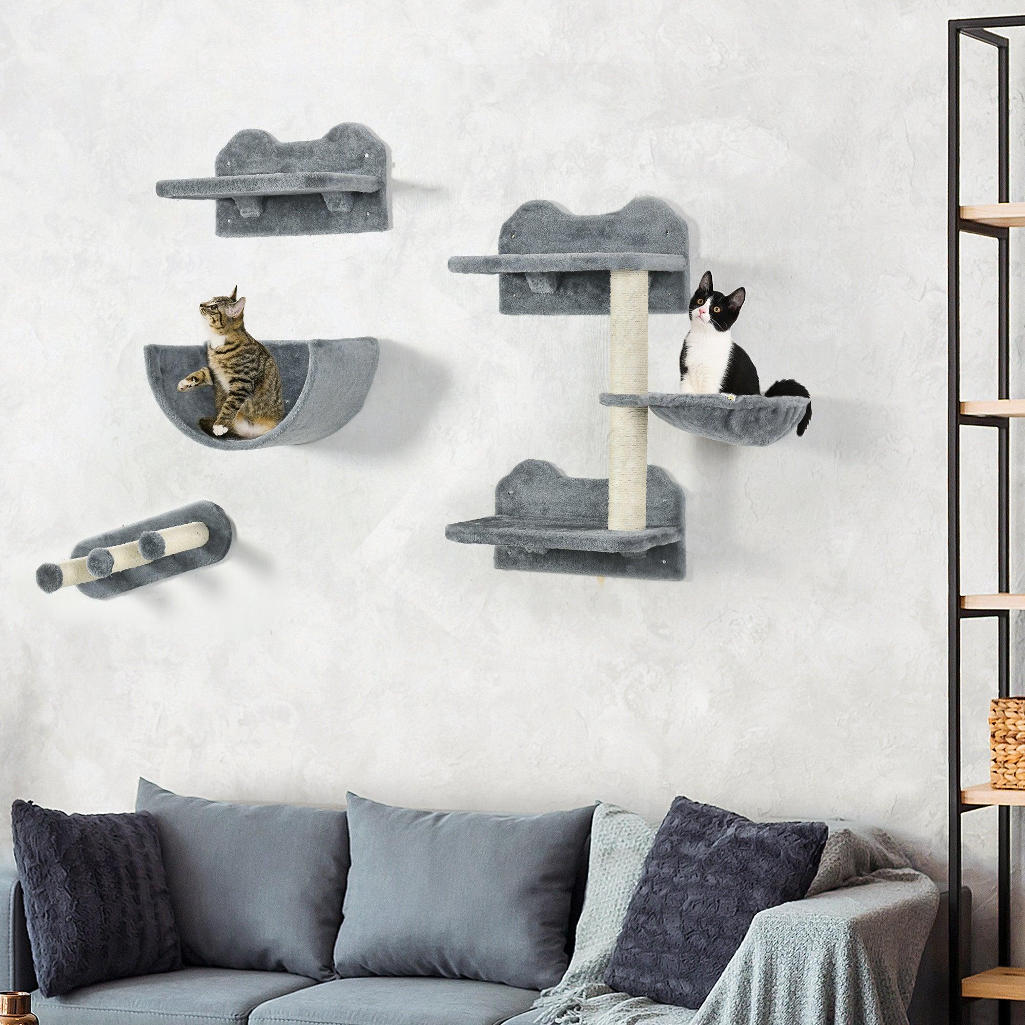 4-Piece Cat Wall Shelves Set with Hammock, Scratching Post & 3 Steps - Climbing Perch for Cats to Sleep & Play - Space-Saving Gray Cat Furniture for Small Apartments & Pet-Friendly Homes