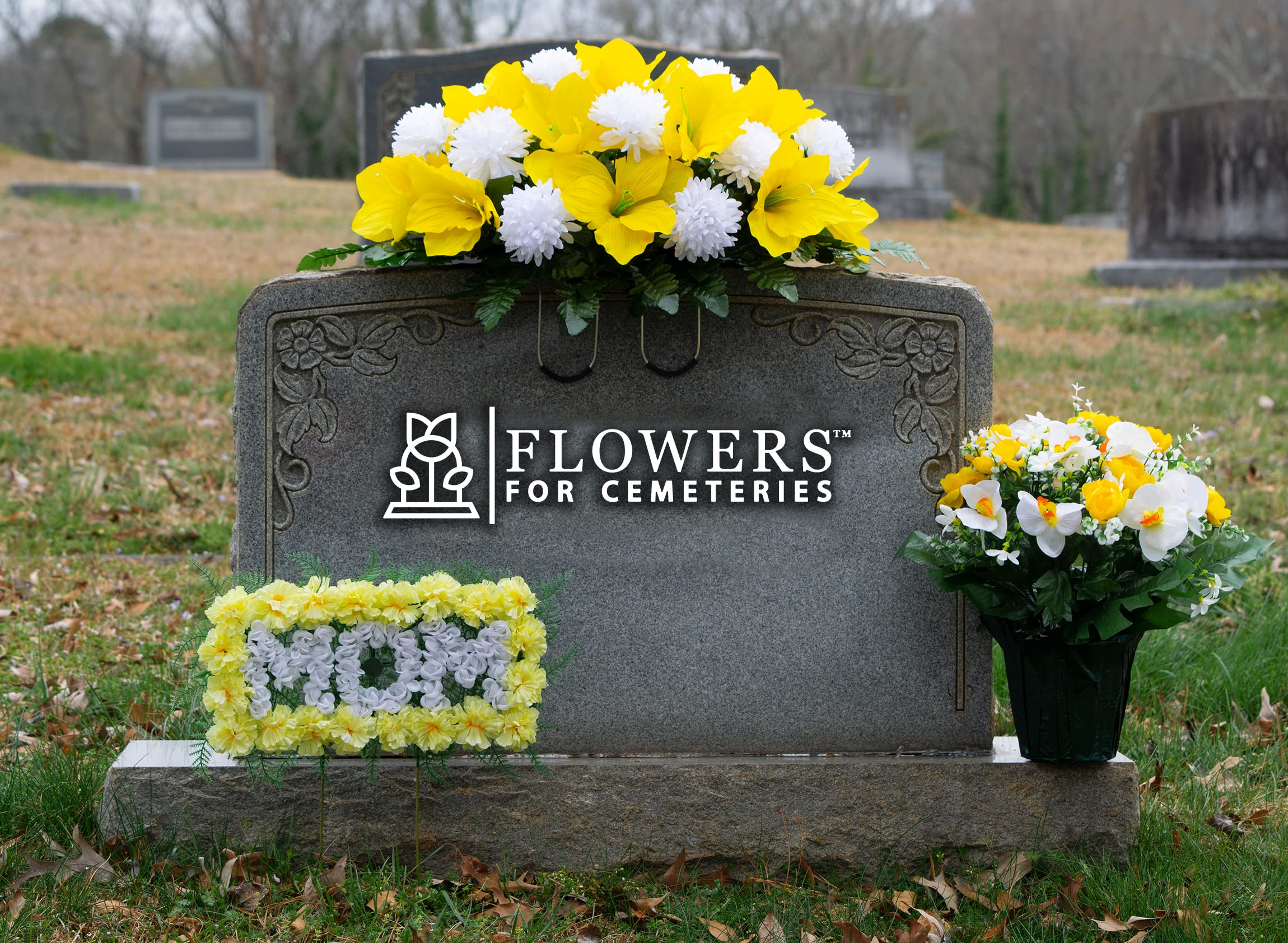Sympathy Silks Artificial Flowers - Weighted Pot Bouquet Decoration - Fade Resistant Yellow Cabbage Rose & White Orchids - Home, Office & Memorial Floral Arrangement