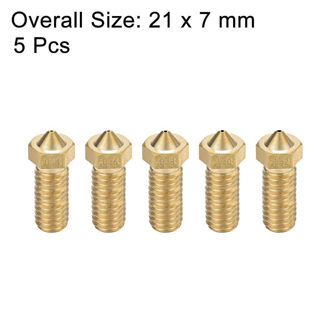 uxcell 5pcs 3D Printer Nozzle Kit - M6 Brass V5/V6 Nozzles (0.4mm,0.6mm,0.8mm,1mm,1.2mm) Compatible with 1.75mm Filament 3D Printers - Perfect for DIY Printing, Prototyping & Maker Projects
