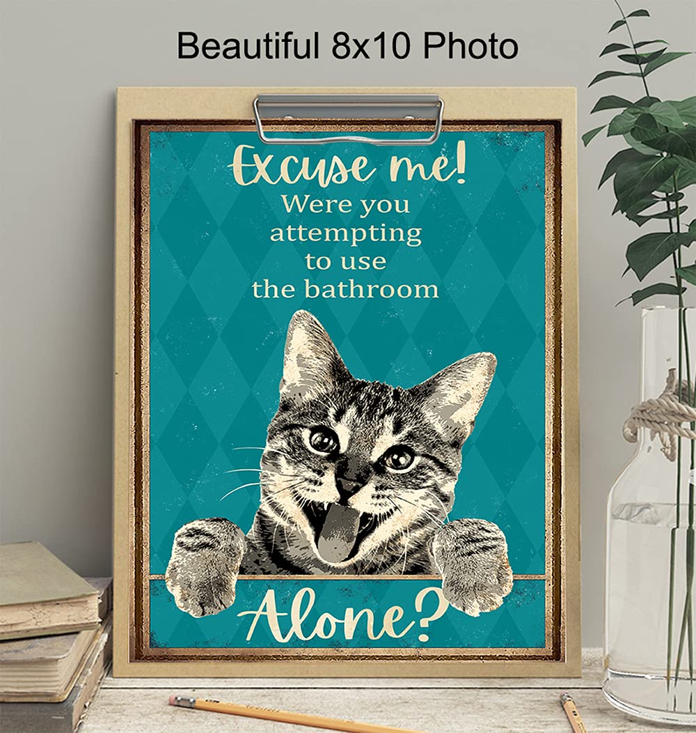 Funny Tabby Cat Bathroom Wall Decor - Blue Restroom Sign for Guest Bathroom & Powder Room - Unique Cat Lovers Gift for Women & Girls - Perfect for Home, Office, or Cafe Decor
