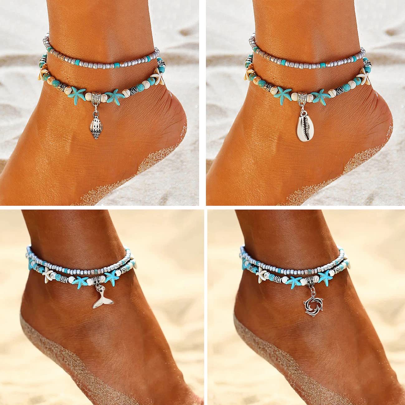 Suyi 5-Pack Adjustable Boho Ankle Bracelets for Women - Layered Beach Anklet Chain Foot Jewelry - Perfect for Summer Vacations, Beach Parties & Boho Fashion Accessories