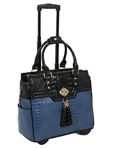 Premium Blue & Black Alligator-Pattern Faux Leather Rolling Laptop Tote Bag for MacBook, iPad, Tablet - Perfect for Business Travel, Office & College Commute