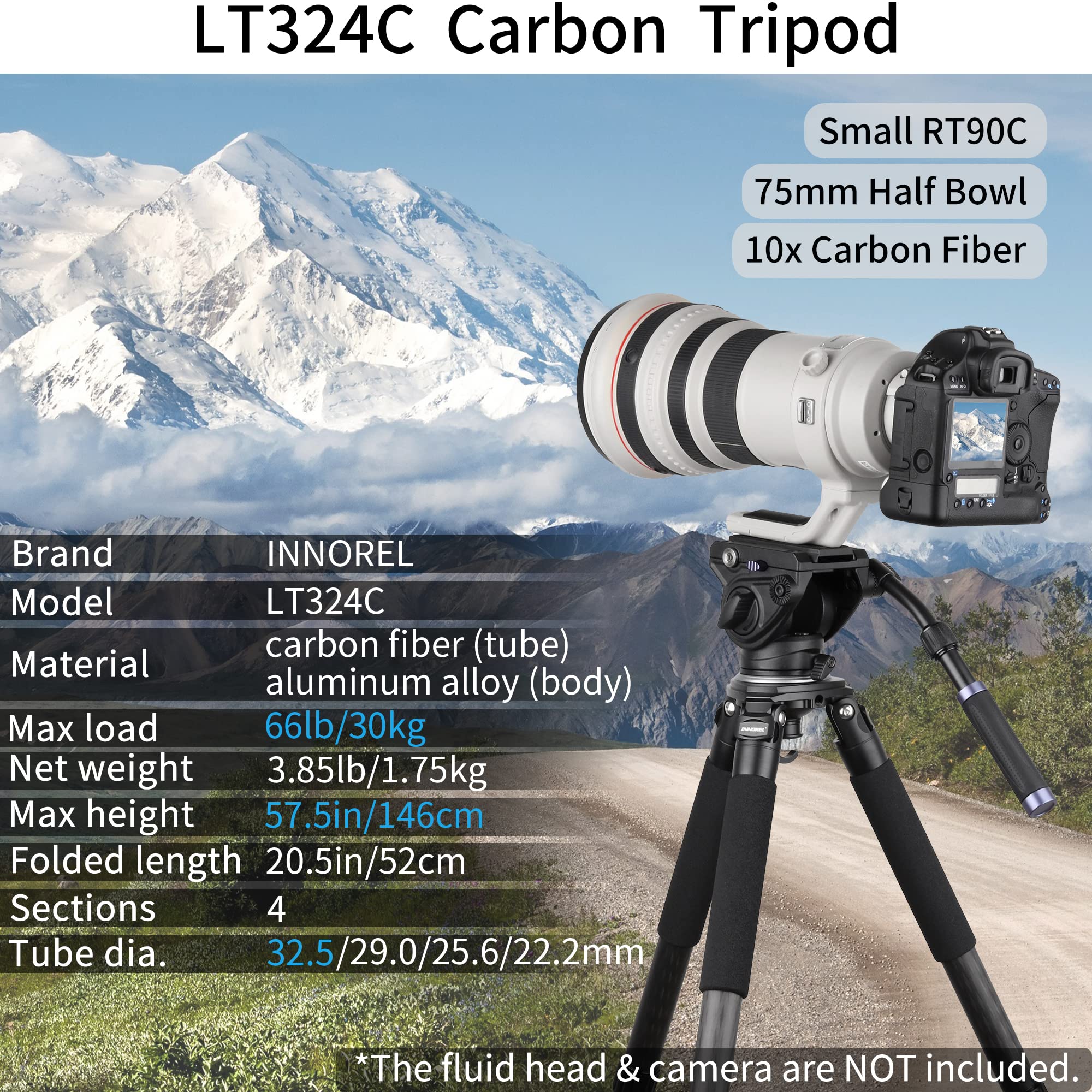 INNOREL LT324C Professional Carbon Fiber Tripod - Heavy Duty Portable Camera Stand for DSLR, Bird Photography, Max Load 66lbs/30kg, 57in/146cm Height - Perfect for Travel, Outdoor Shooting & Wildlife Photography (Black)