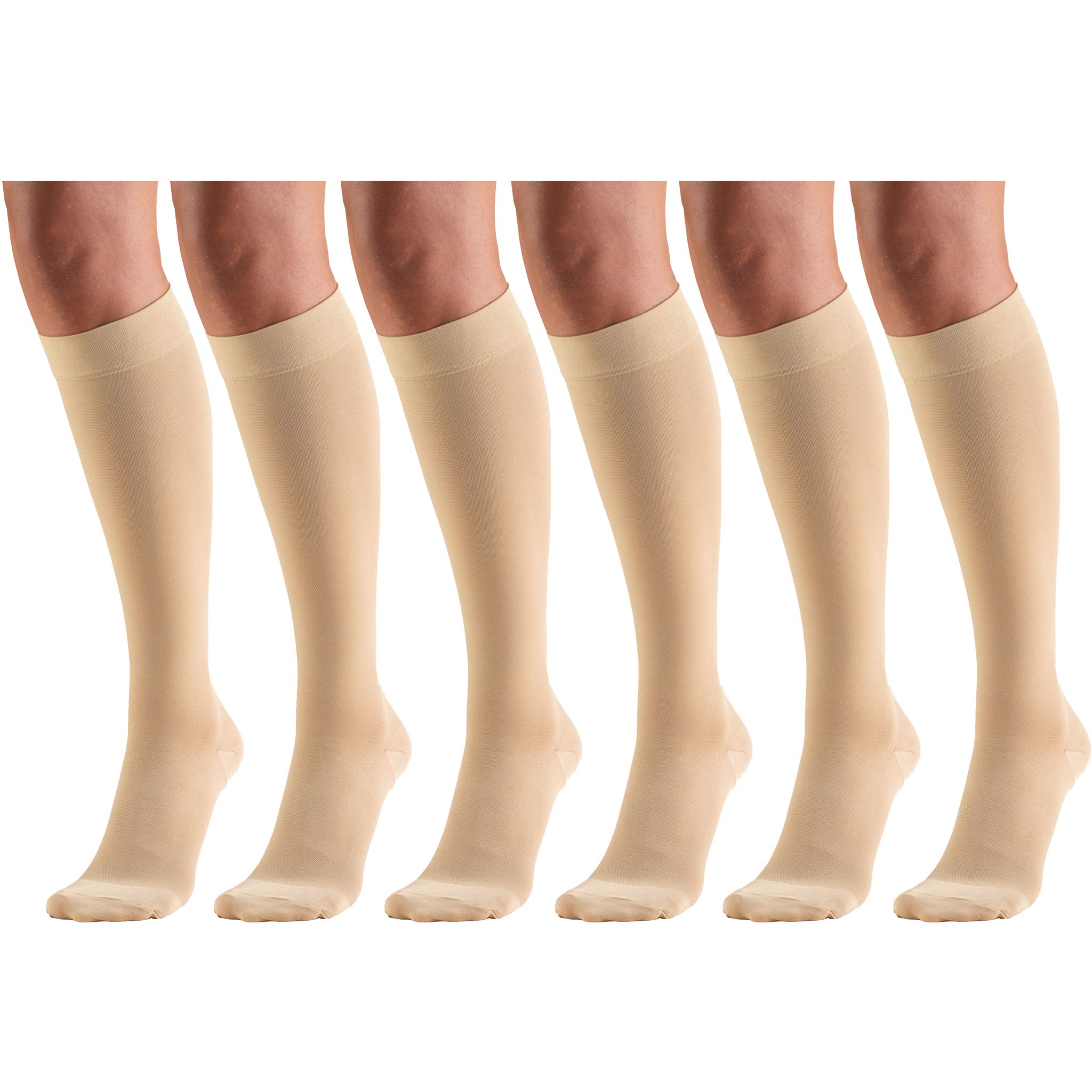 30-40 mmHg Compression Socks for Men & Women - Knee High Support Stockings, Beige Medium (6 Pairs) - Ideal for Travel, Varicose Veins & Circulation Support