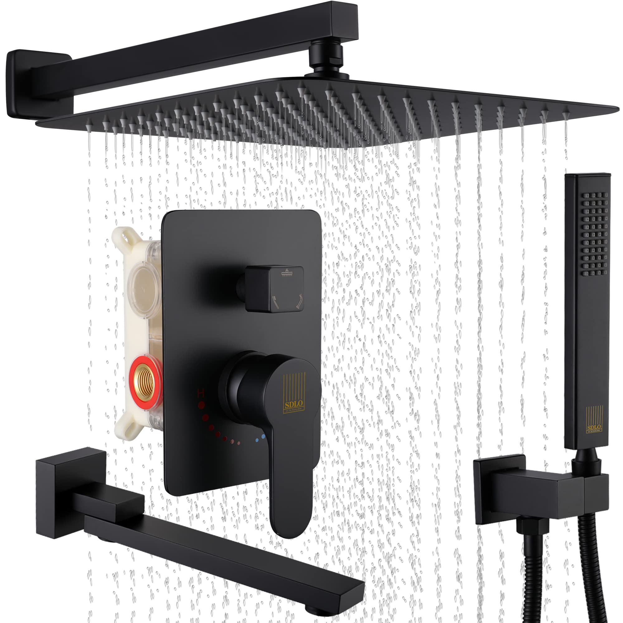 SDLO Matte Black 12 Inch Ultra-Thin Rainfall Shower System with Tub Spout & Handheld - Wall Mount Bathroom Shower Faucet Set with Air Compressor Technology for Luxurious Spa-Like Experience at Home
