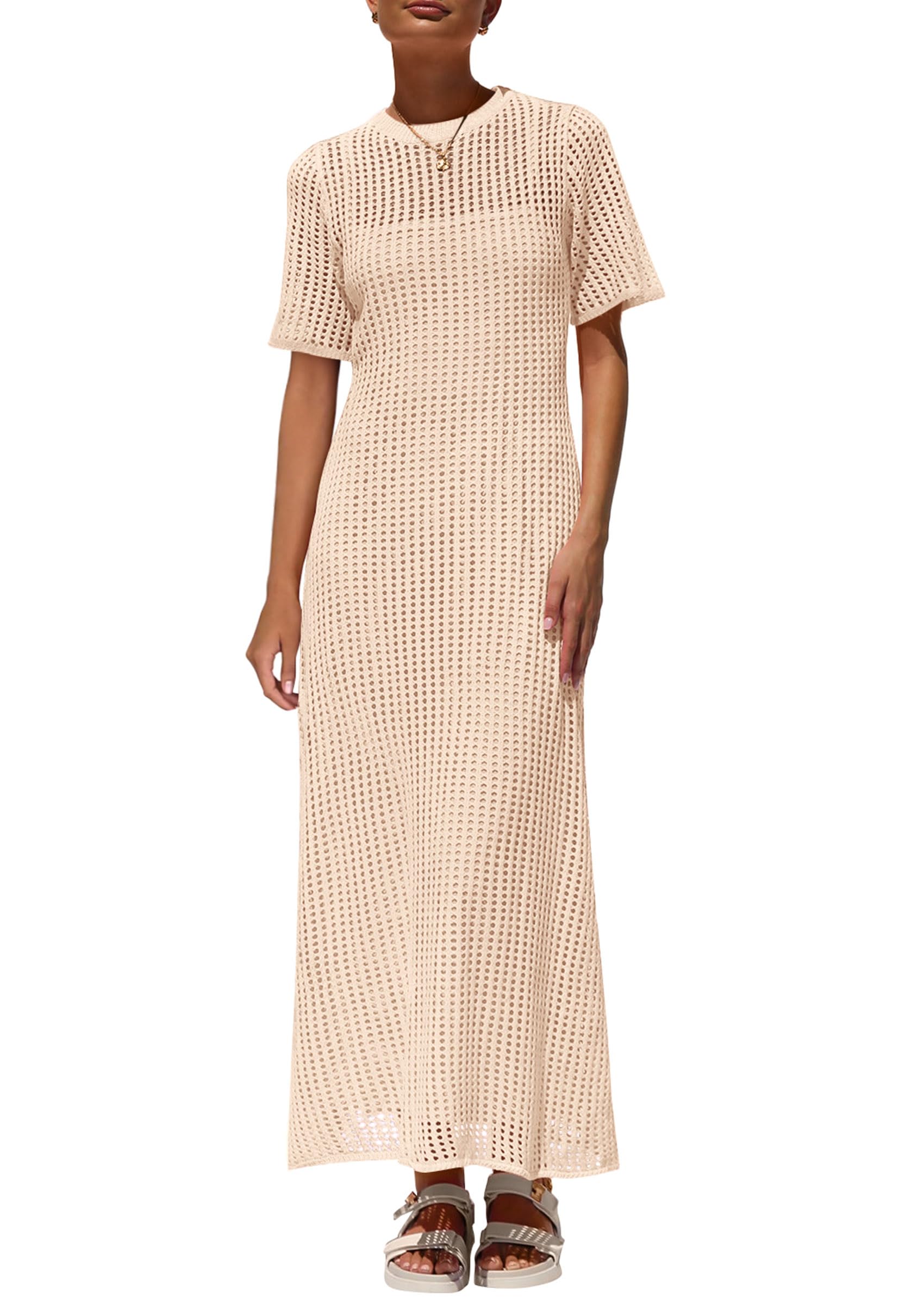 PRETTYGARDEN Women's Floral Eyelet Cover Up Dress - 2025 Summer Beach Maxi Dress with Short Sleeves & Hollow Out Design - Perfect for Vacation, Resort Wear, and Poolside Lounging