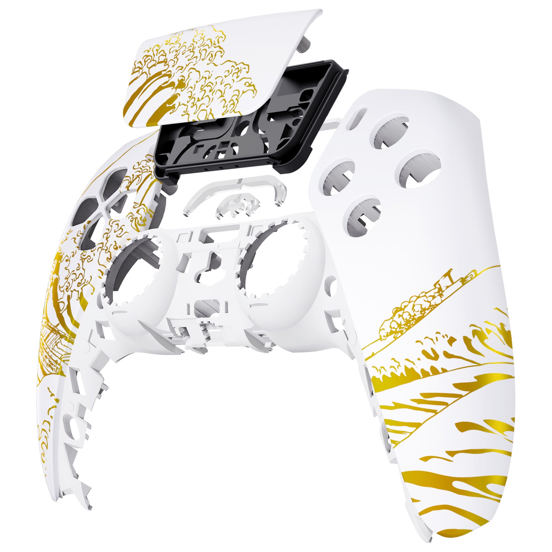 eXtremeRate PS5 Controller Front Housing Shell Replacement - Compatible with BDM 010/020/030/040/050, Golden Wave Off Kanagawa Design, White - DIY Customization for Enhanced Gaming Experience