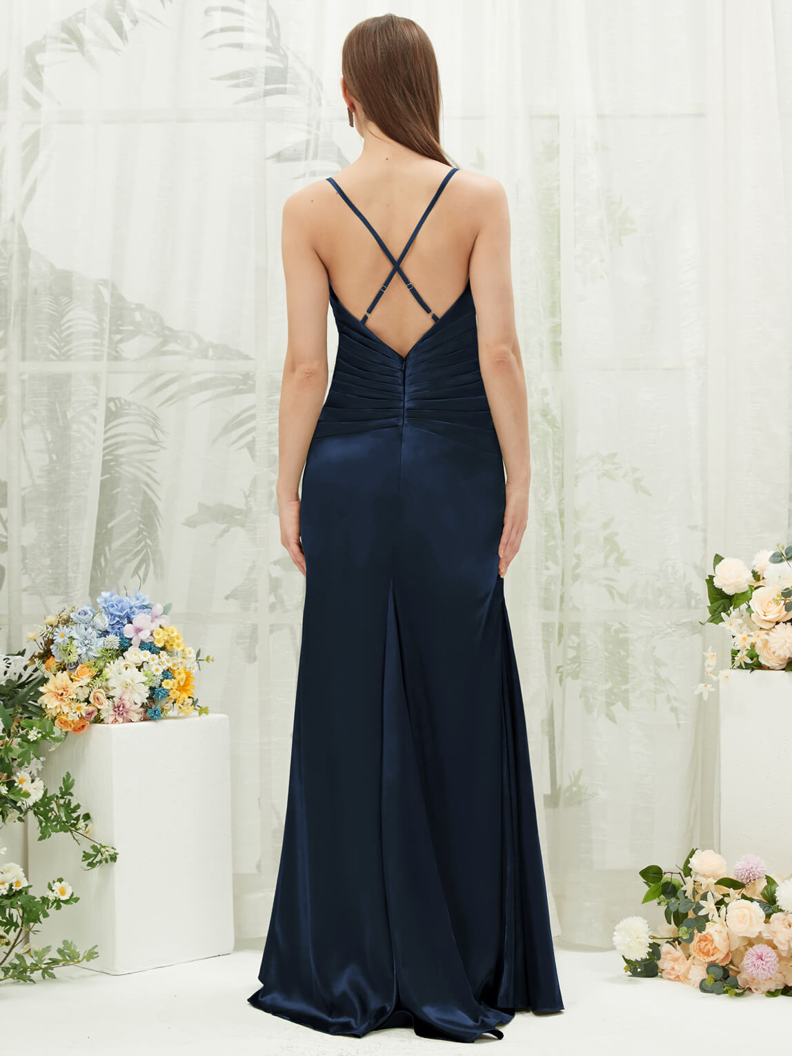 Elegant Dark Navy Satin Cowl Neck Backless Long Bridesmaid Dress with Adjustable Straps - Perfect for Weddings, Formal Events & Evening Parties