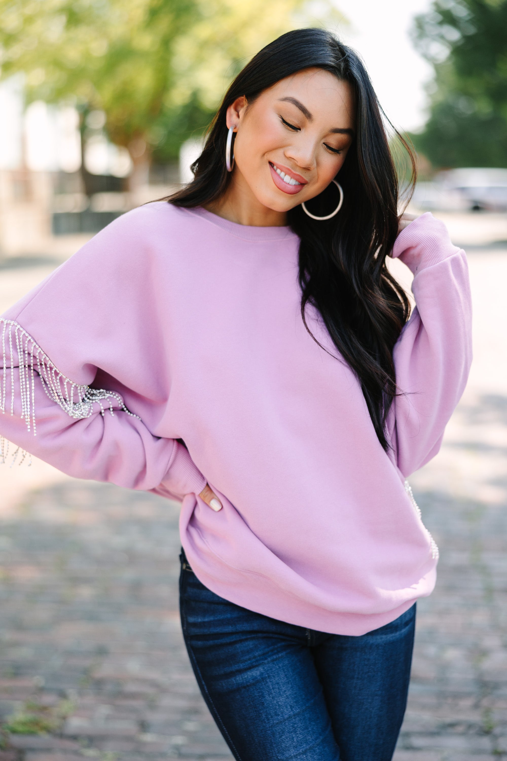 Fate: Ready For The Day Orchid Purple Rhinetone Pullover Sweater | Women's Casual Knit Top for Everyday Wear | Perfect for Work, Dates & Weekend Outfits