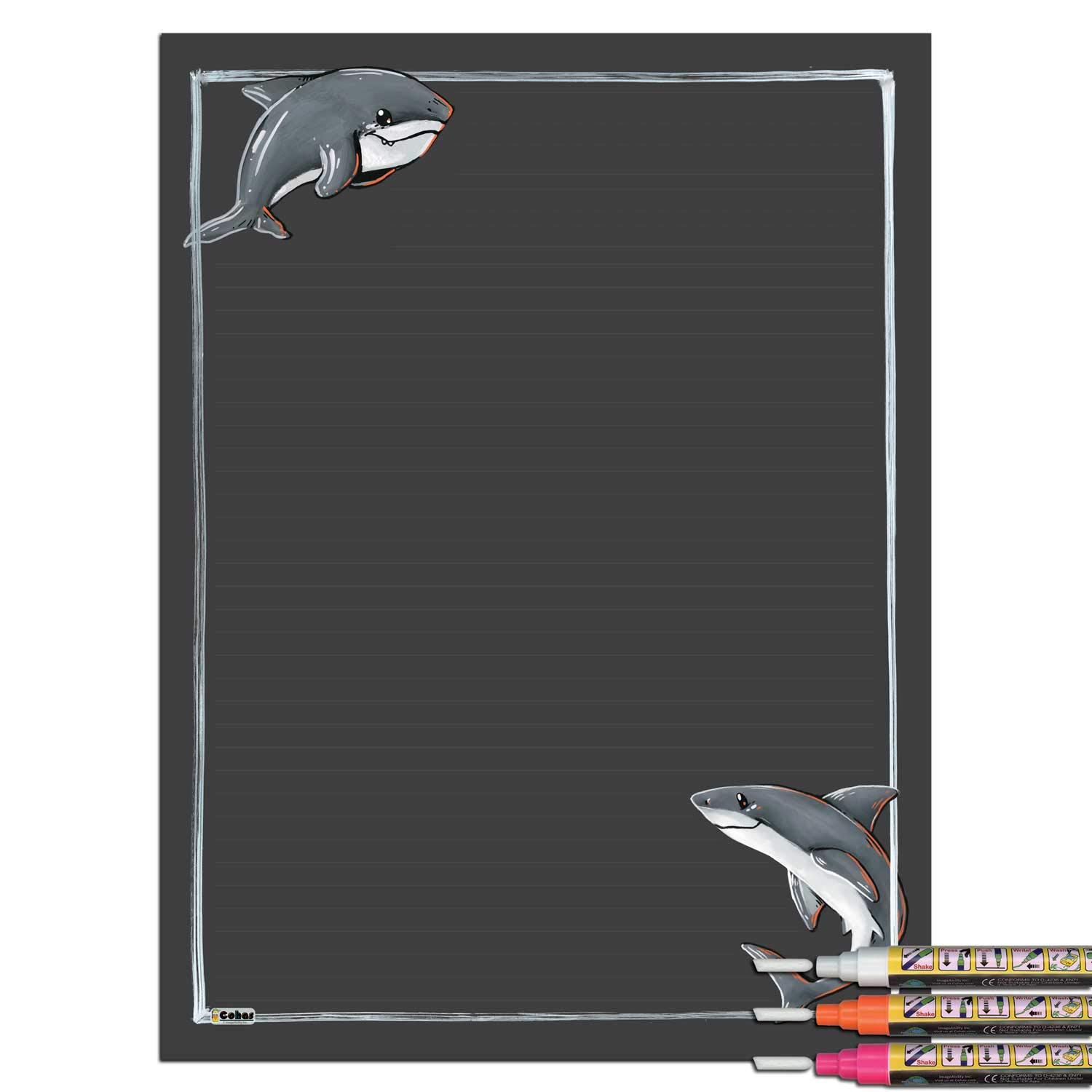 Ocean Theme Magnetic Chalkboard with Shark Art - 12x16 Inch Lined Chalk Board Includes 3 Bright Liquid Chalk Markers - Perfect for Kids' Room Decor, Classroom Learning & Creative Drawing