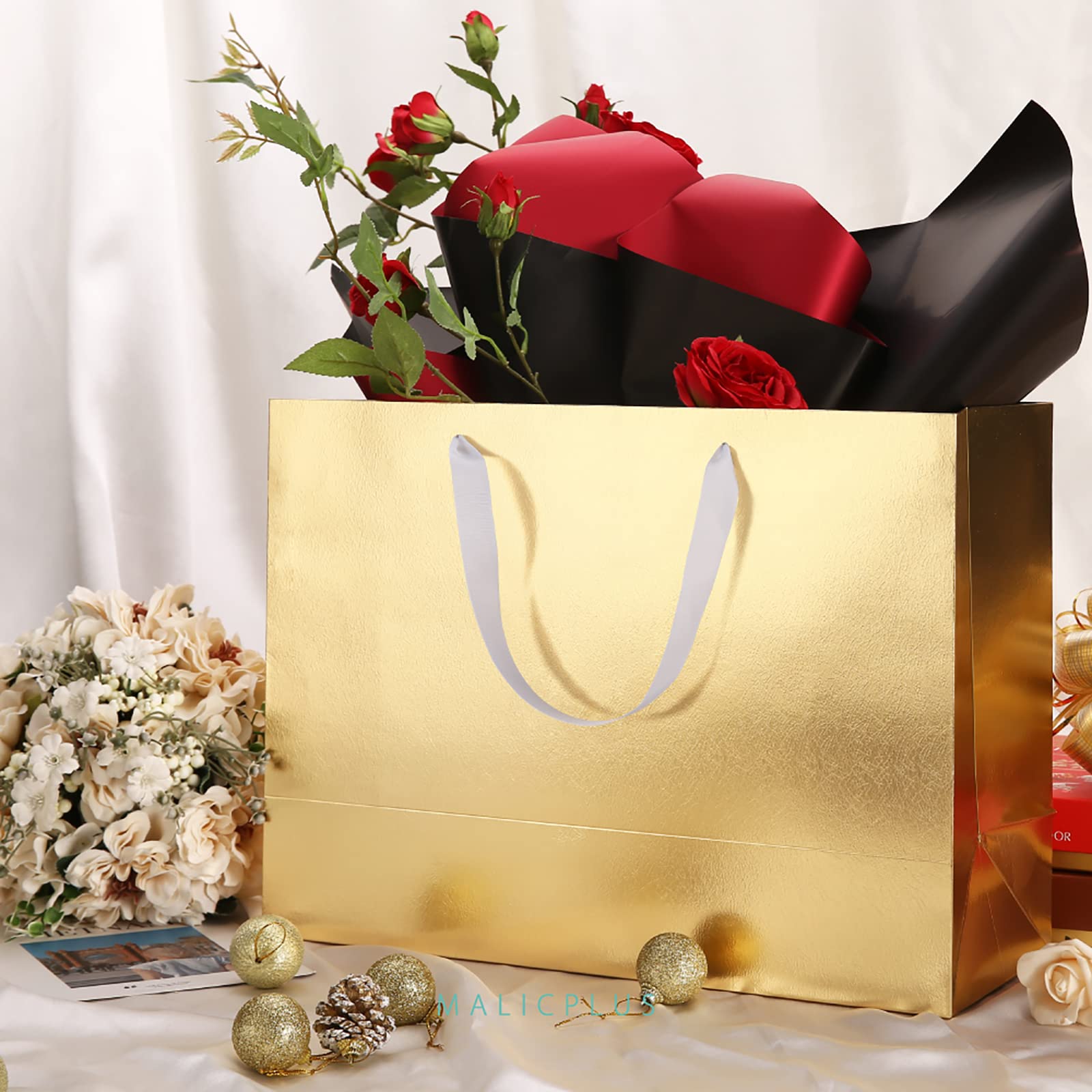 12 Extra Large Luxury Gold Gift Bags 16x6x12 Inches with Handles - Elegant Grass Texture for Thanksgiving, Christmas, Birthdays & All Special Occasions - Perfect for Party Favors, Wedding Gifts & Corporate Events