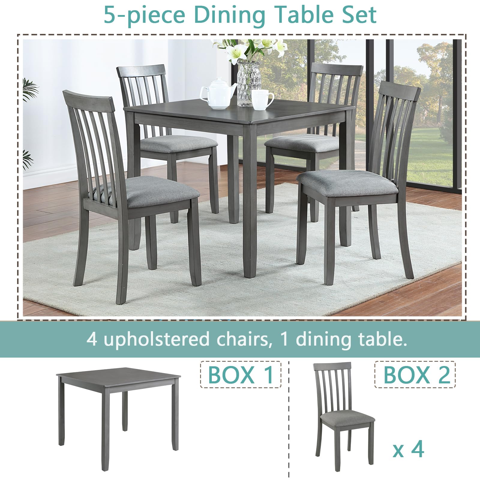 5 Piece Farmhouse Dining Table Set with 4 Upholstered Chairs - Solid Wood Kitchen Table & Chairs for Dining Room - Grey - Perfect for Family Meals, Dinner Parties & Cozy Breakfasts