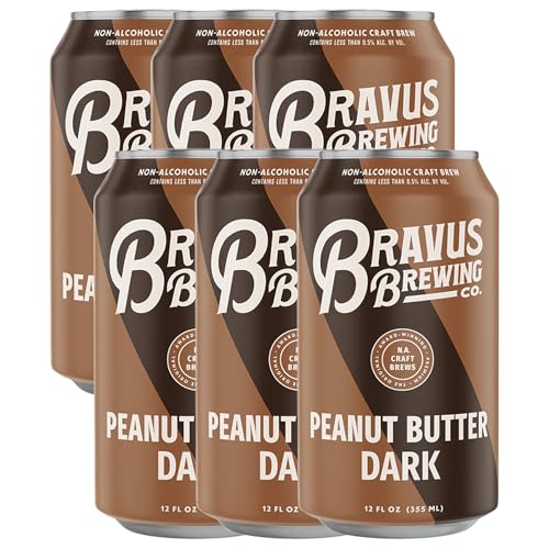 Bravus Non-Alcoholic Peanut Butter Dark Beer 6 Pack | Stout-Style Craft Brew with Roasted Peanuts, Hazelnuts & Chocolate | Vegan, Low-Calorie (110) | Perfect for Parties, BBQs & Healthy Lifestyle